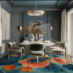 A vibrant Blue Eden Bouquet Hand Tufted Rug in a sophisticated dining room setup, showcasing a stunning floral pattern that enhances the elegance of the space. Ideal for living room or bedroom, this wool area rug adds a pop of color and style.