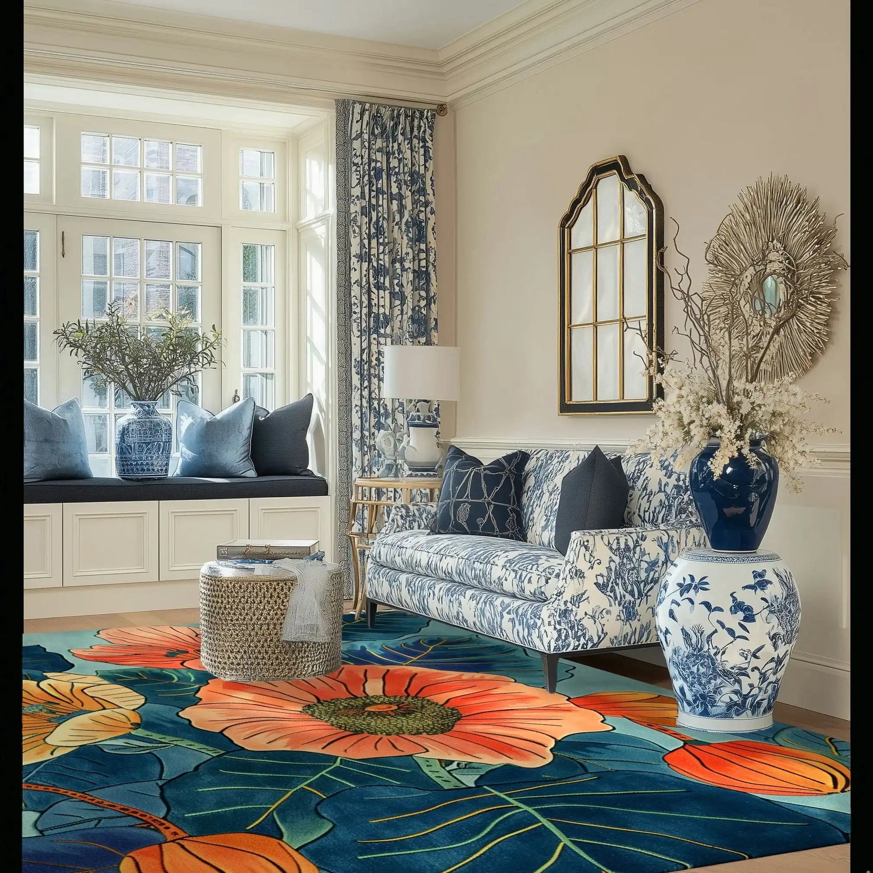 A bright and colorful Blue Eden Bouquet Hand Tufted Area Rug with large floral patterns, adding a vibrant touch to a chic living room. The wool rug complements the elegant decor, which includes a patterned sofa, decorative blue vases, and a cozy window seat, creating a welcoming atmosphere.