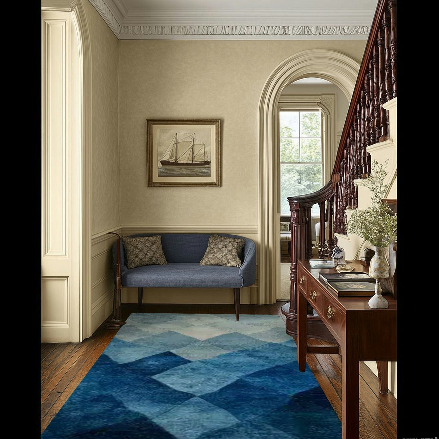 Blue Grids Cape Hand Tufted Wool Rug Runner