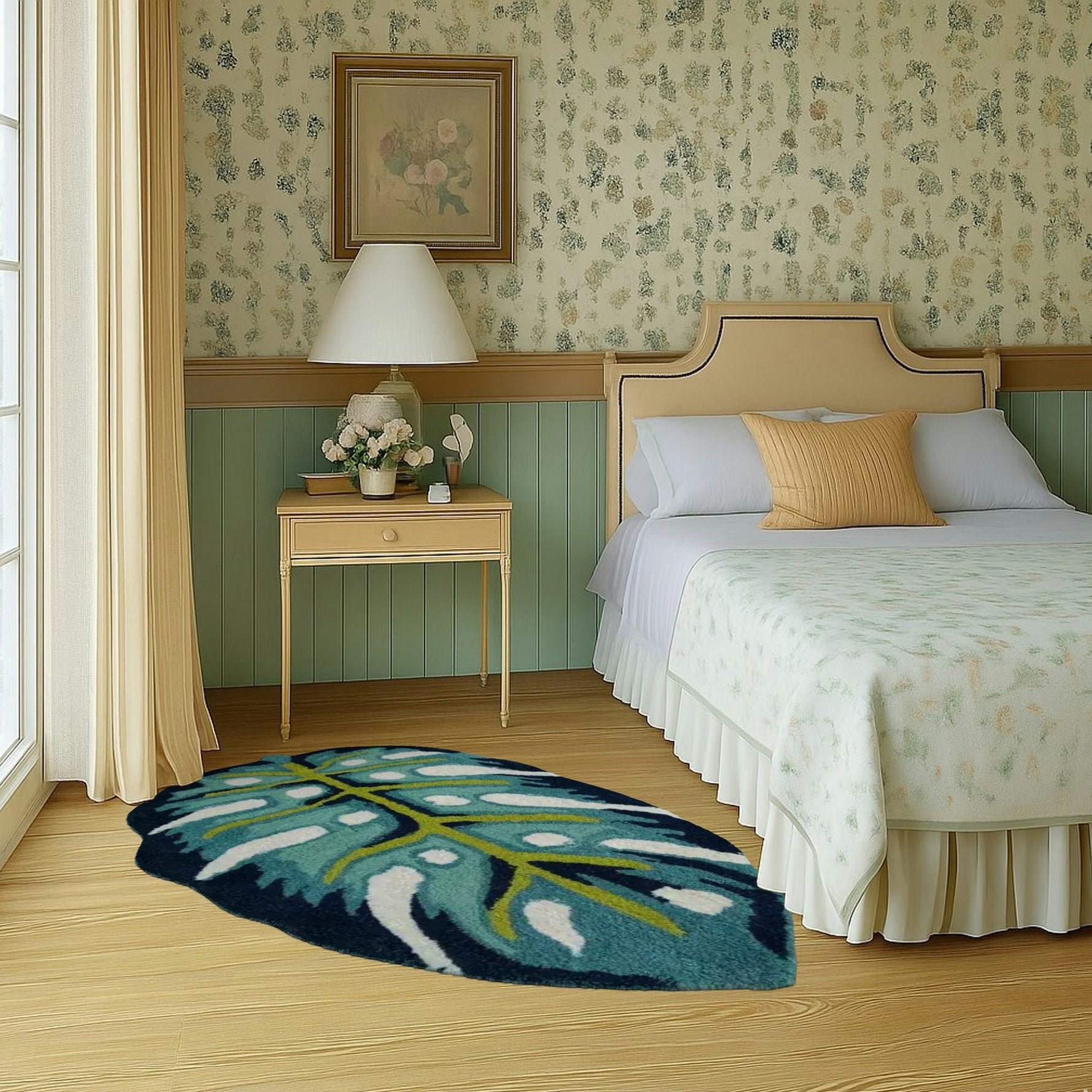 Blue Monstera Leaf Shaped Accent Hand Tufted Wool Rug