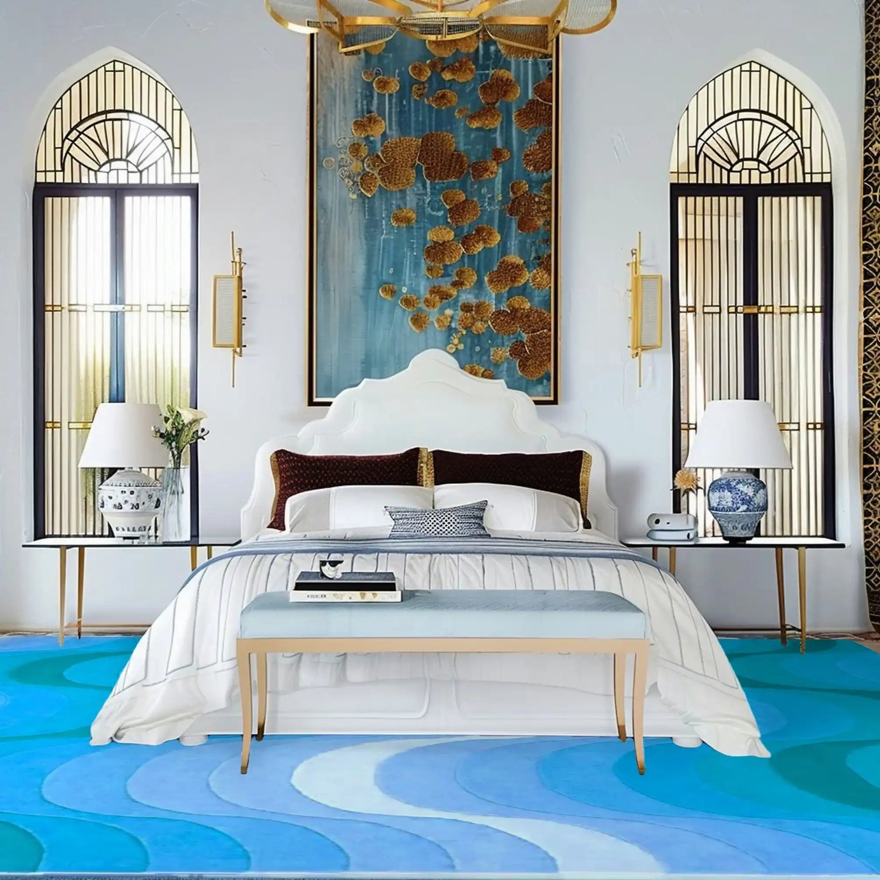 Elegant bedroom interior featuring a Blue Ombre Wavy Curve Hand Tufted Wool Rug. The area rug, perfect for living rooms and bedrooms, showcases a soothing gradient of blues, complementing the white and gold decor. Ideal for those seeking stylish living room rugs 8x10 or a wool rug for a touch of luxury.