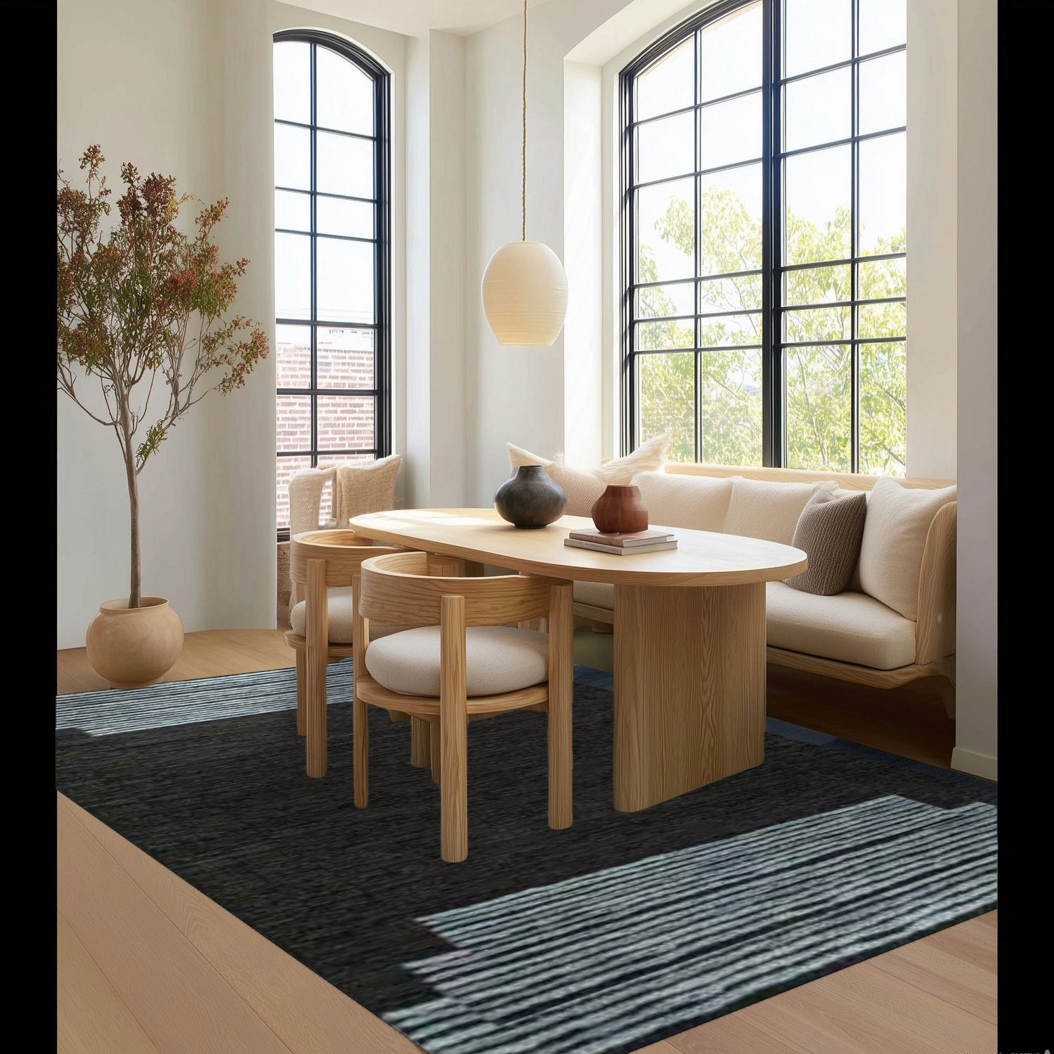 Blue Stripe Black Area Jute Rug