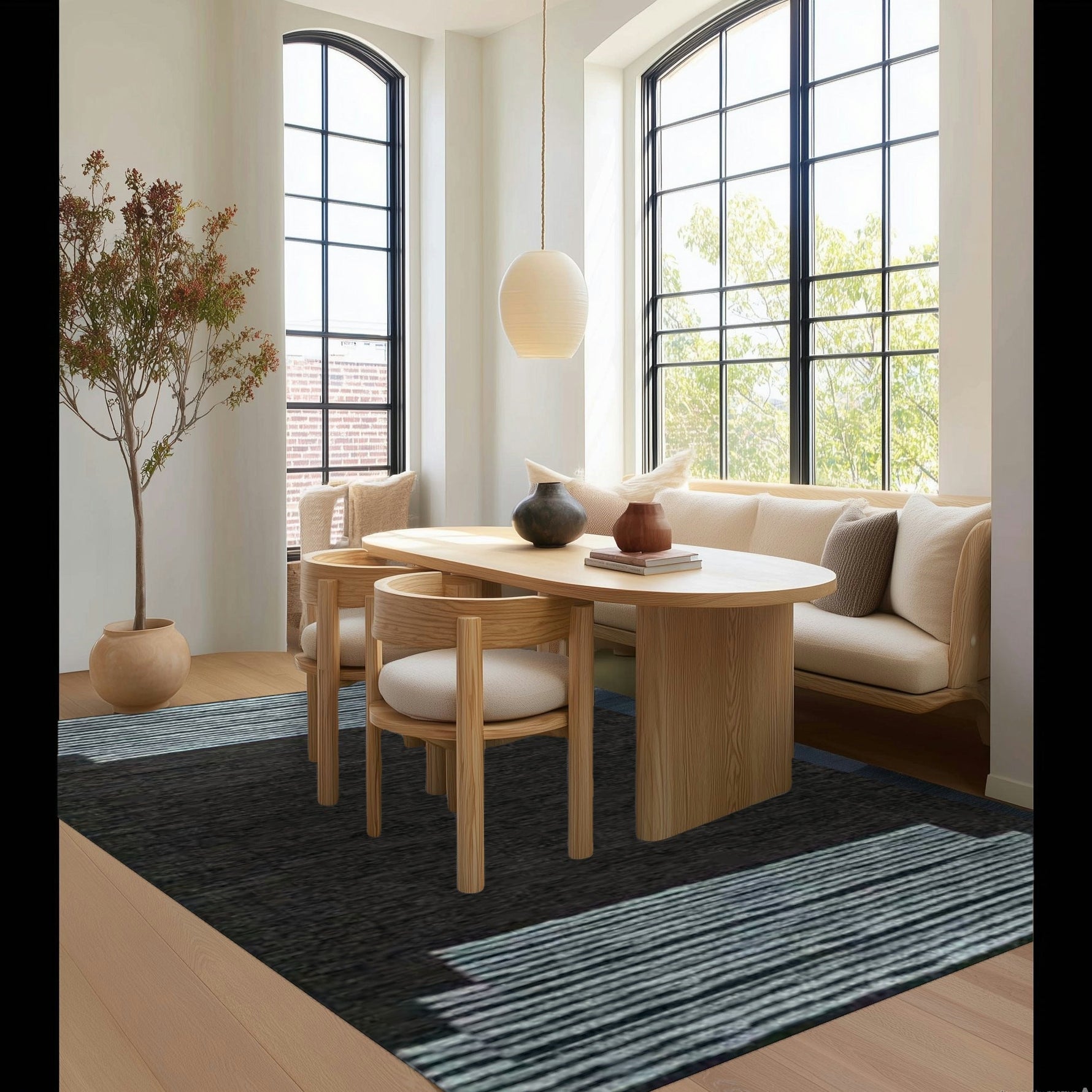 Blue Stripe Black Area Jute Rug