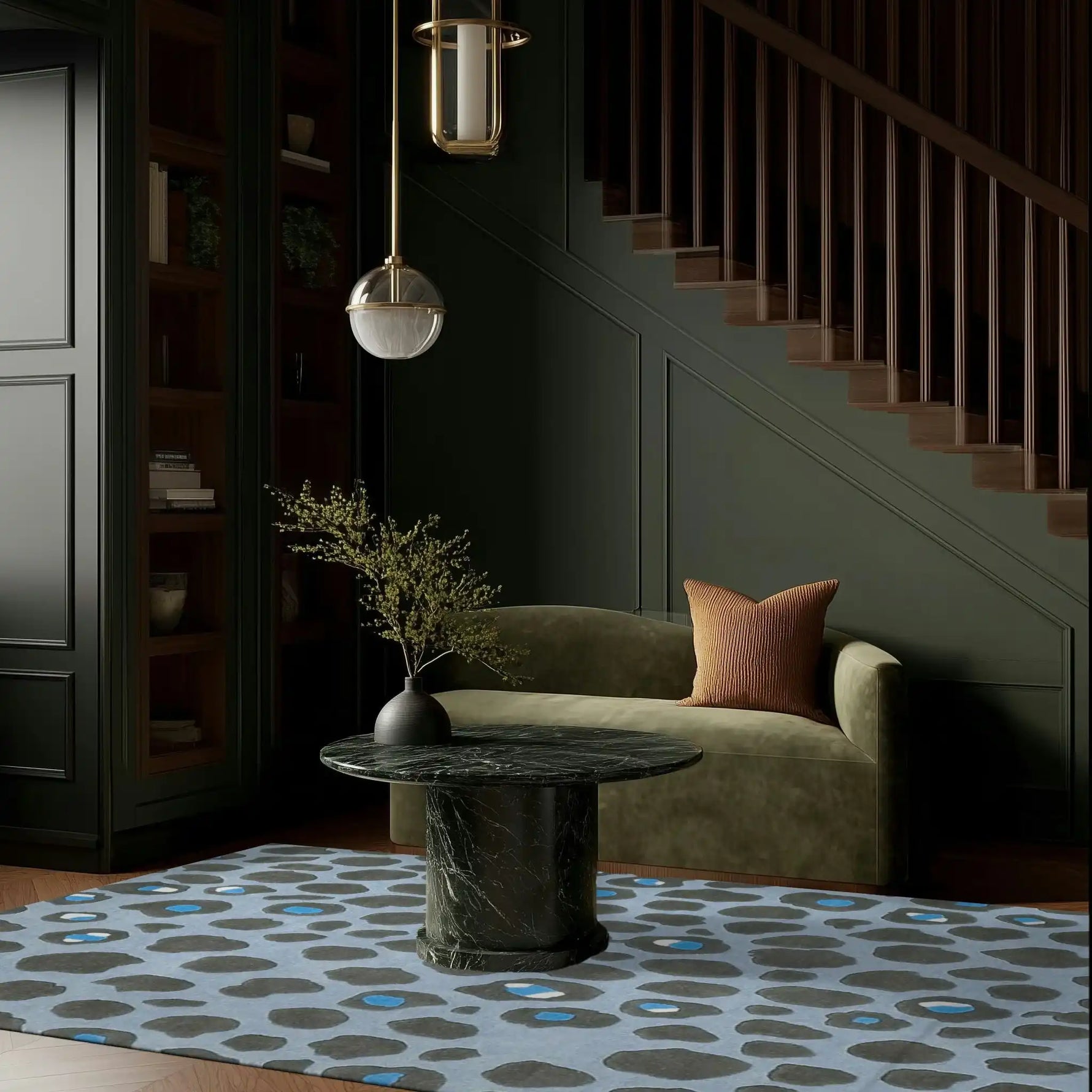 A stylish living room featuring a Blue and Black Leopard Print Hand Tufted Wool Rug. The area rug serves as an elegant foundation for this space, perfect for bedroom rugs or large area rugs for living room settings. The wool rug's abstract design adds a touch of modern luxury, beautifully complementing the dark green sofa and black marble table.