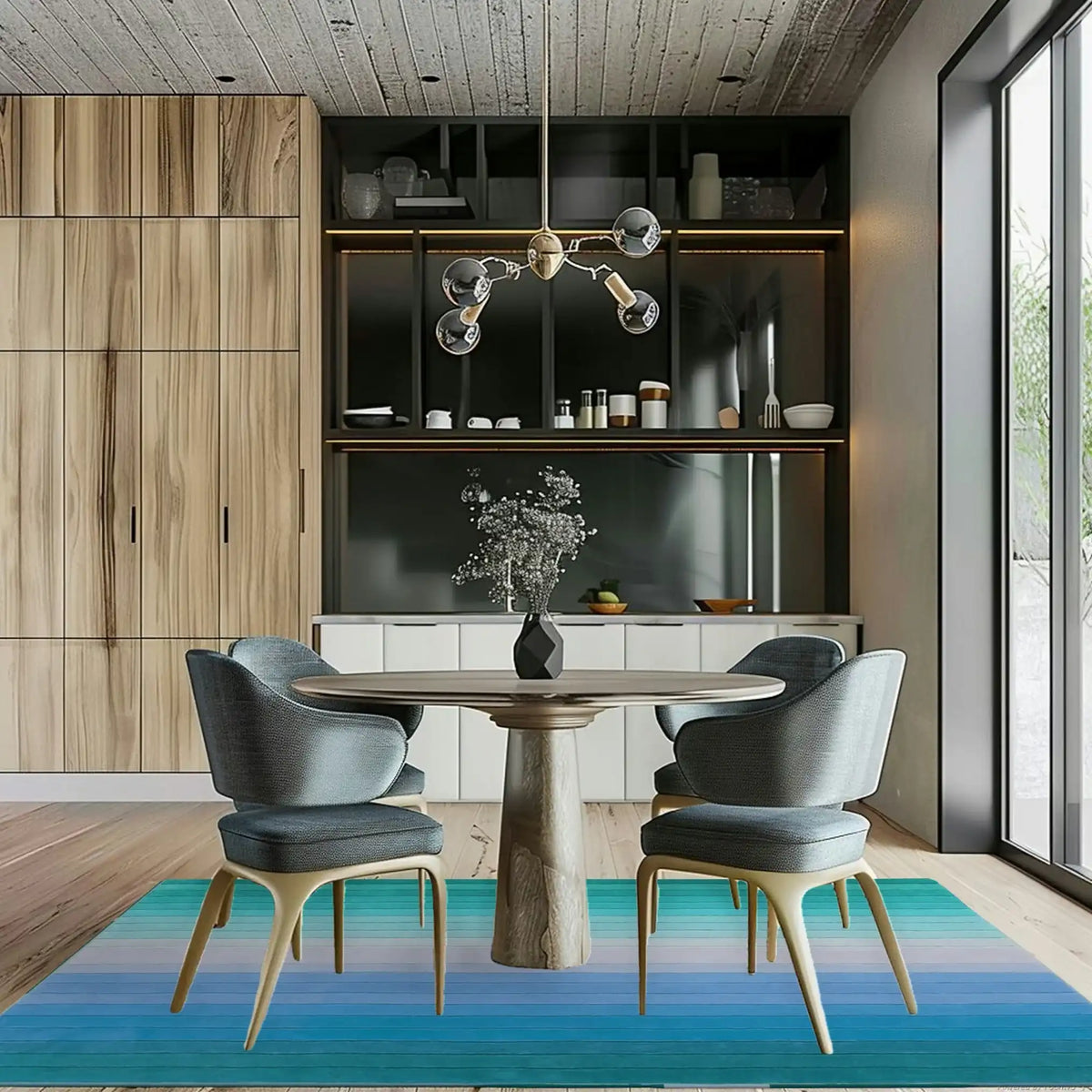 Stylish living room showcasing a Blue and Green Ombre Stripe Hand Tufted Wool Area Rug under a round dining table with four modern chairs. The rug adds a vibrant touch to the dining room, complementing the wooden floors and contemporary decor.