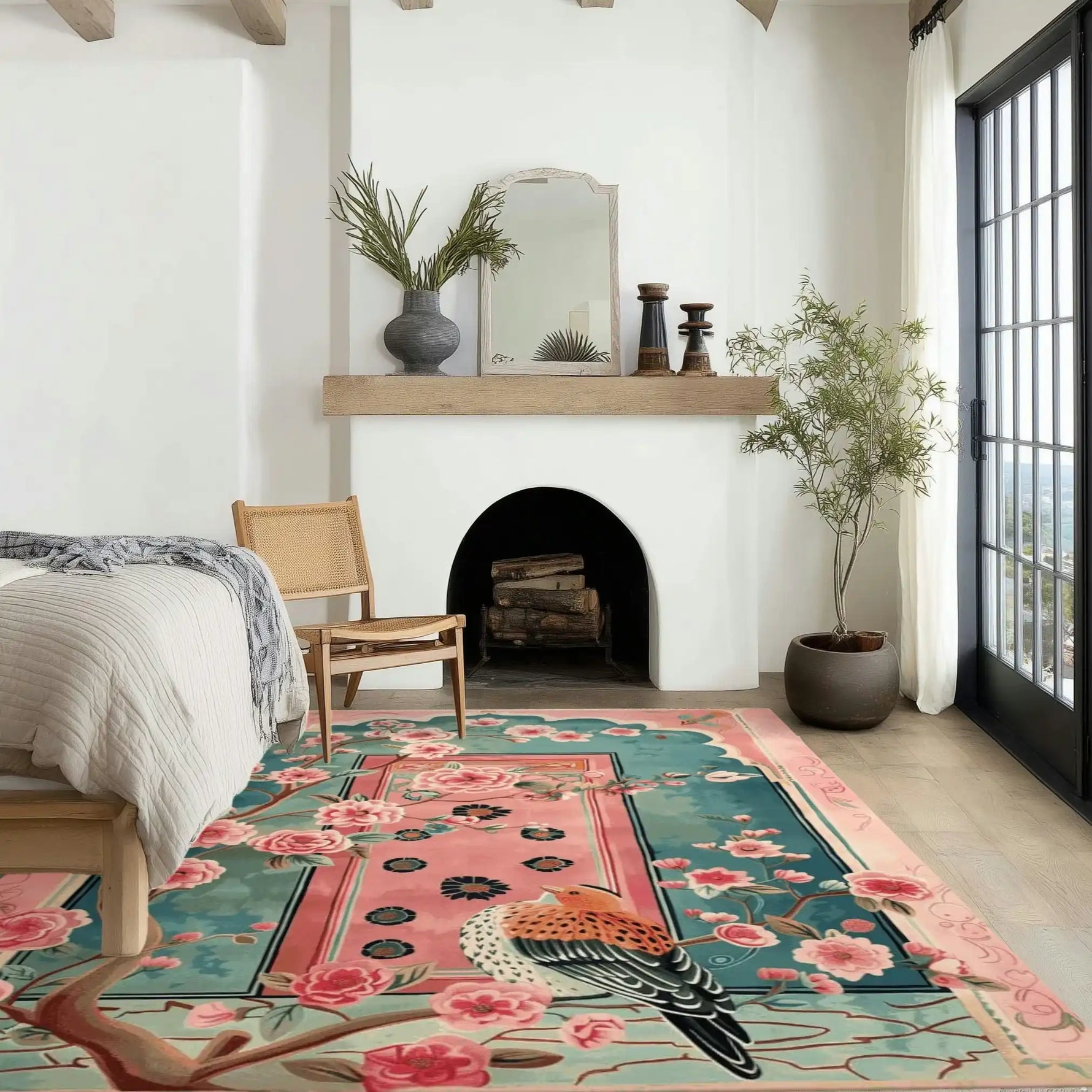 This image showcases the Blush Gardens Hand Tufted Rug, perfect for large living rooms. The area rug features a stunning floral design with vibrant pink and teal colors, accentuated by a detailed bird motif. Made from high-quality wool, this rug adds an elegant touch to any living room, blending beautifully with the surrounding decor of a cozy, modern setting.