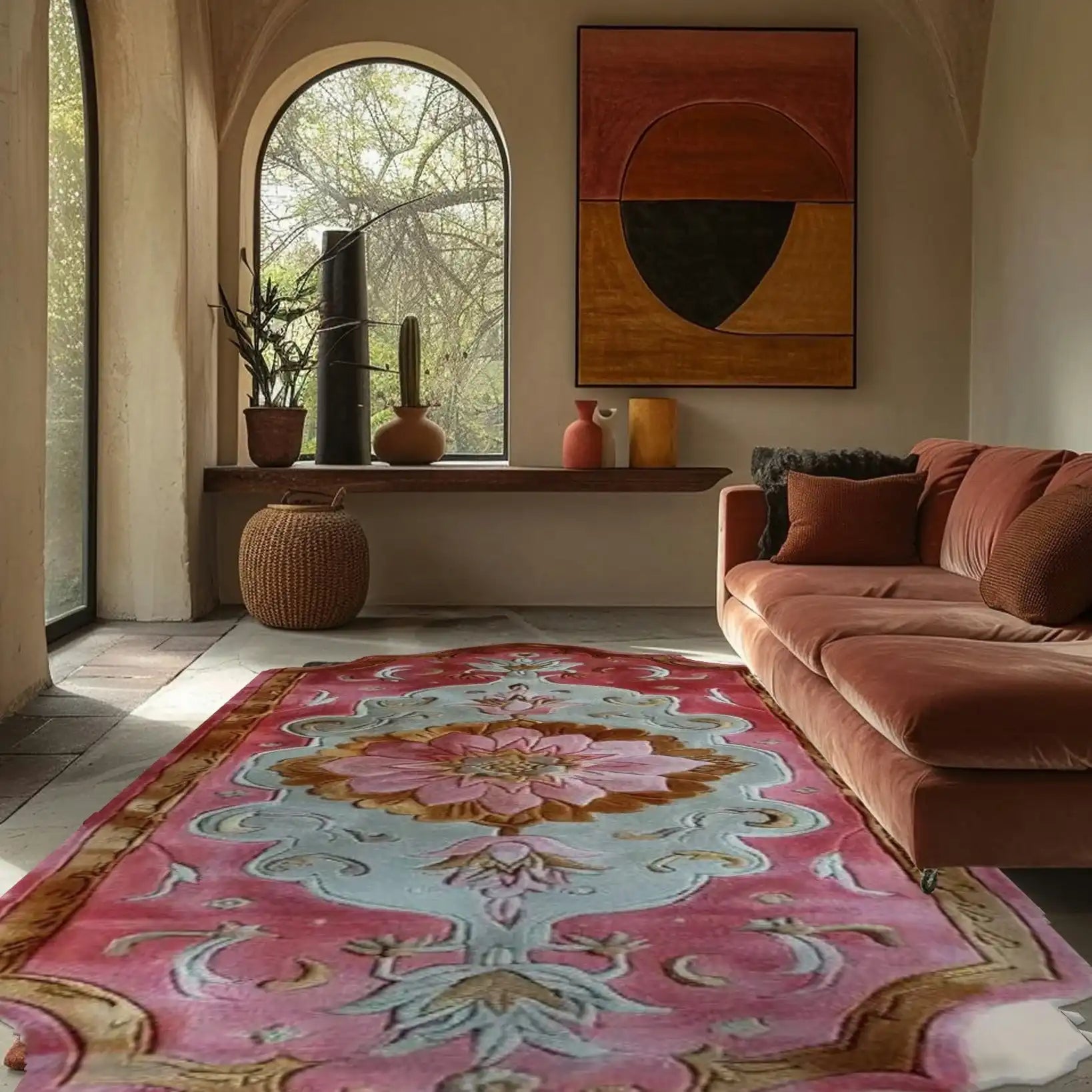 A cozy living room featuring a Blush Luxe Hand Tufted Wool Rug Runner with an intricate floral design in soft pink and beige tones, enhancing the contemporary decor. Perfect as an area rug in the bedroom, hallway, or office, adding warmth and elegance with its wool texture.