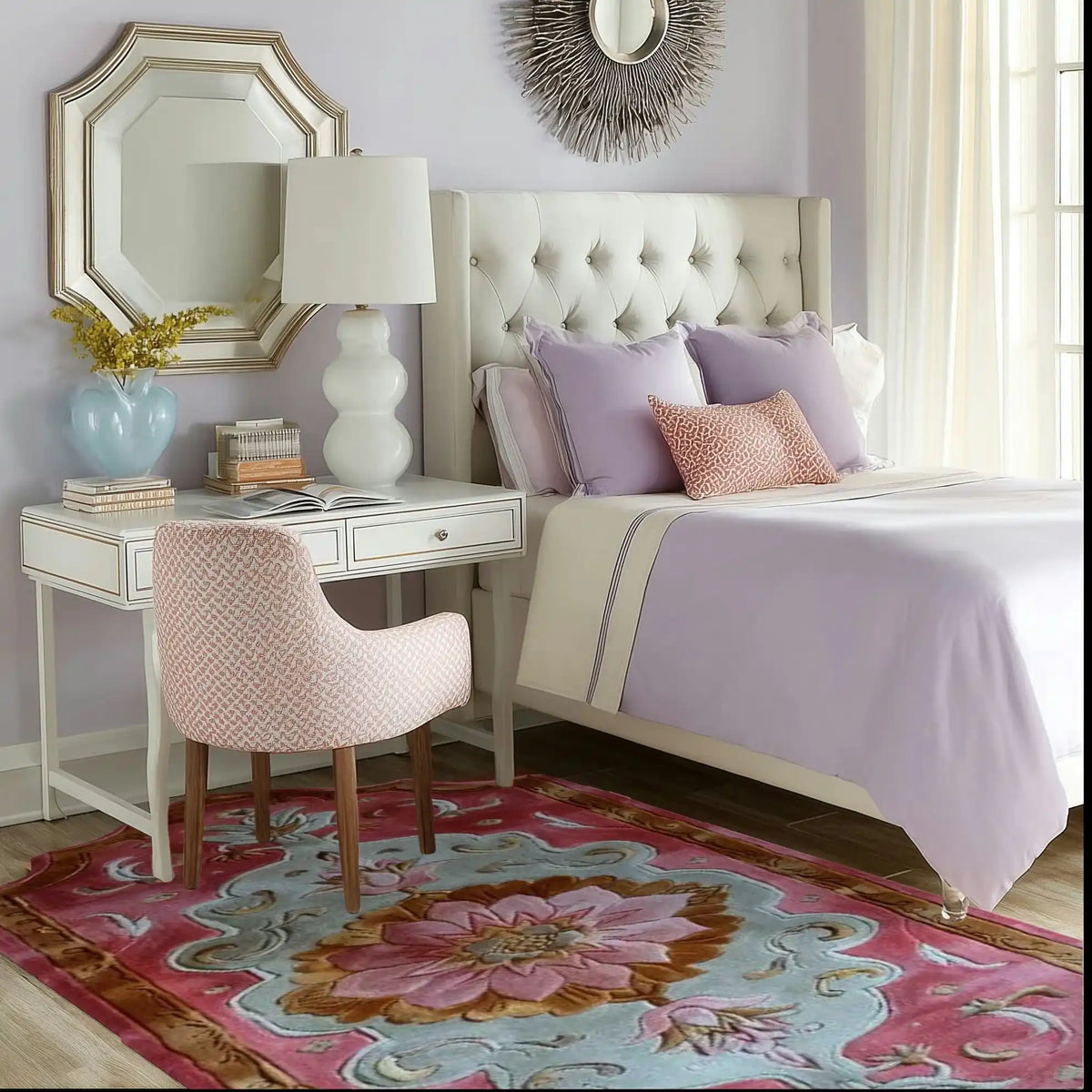 A beautifully styled bedroom features a Blush Luxe Hand Tufted Wool Rug Runner with an intricate floral design. This contemporary area rug adds a touch of elegance to the room, complementing the soft pastel decor. Ideal for use as a hallway runner rug, kitchen rug, or office rug, this wool rug brings warmth and style to any space.