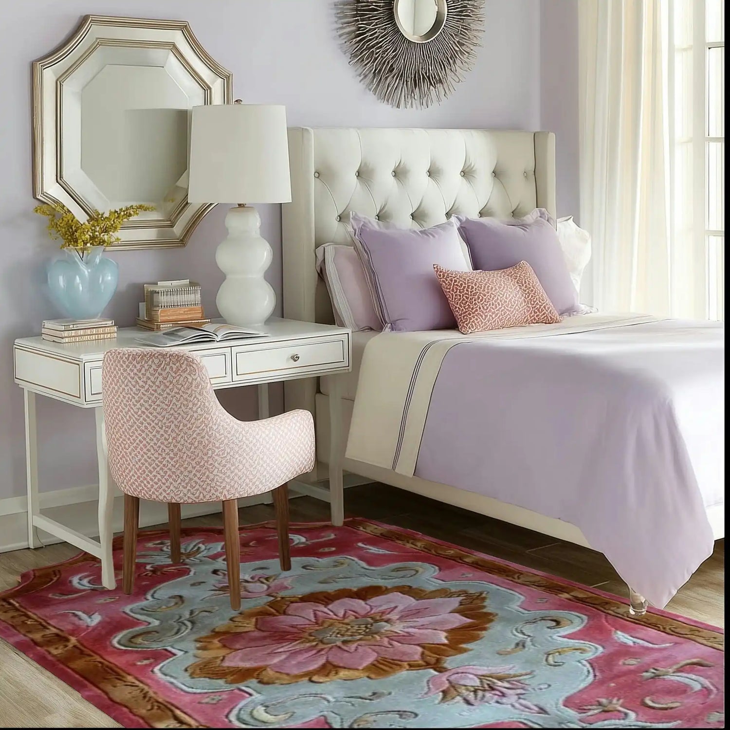 A beautifully styled bedroom features a Blush Luxe Hand Tufted Wool Rug Runner with an intricate floral design. This contemporary area rug adds a touch of elegance to the room, complementing the soft pastel decor. Ideal for use as a hallway runner rug, kitchen rug, or office rug, this wool rug brings warmth and style to any space.