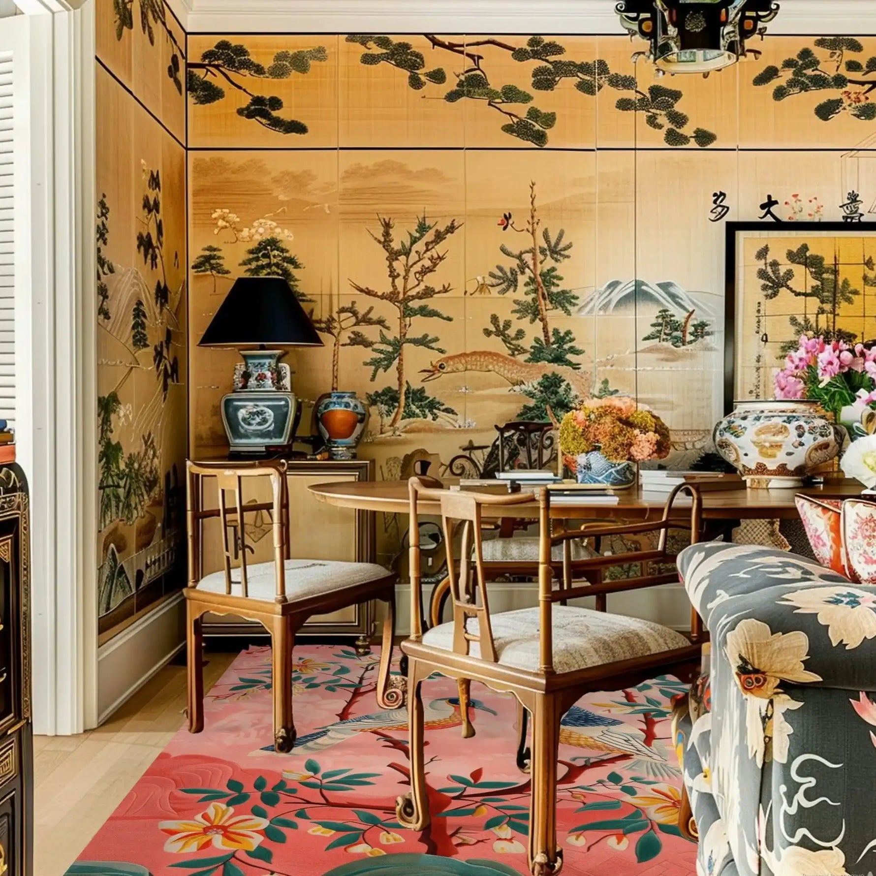 Vibrant Blushing Birds Garden Hand Tufted Area Rug in a cozy room. Perfect for bedrooms and offices, this wool rug features intricate floral designs on a warm background, adding an elegant touch to any space.