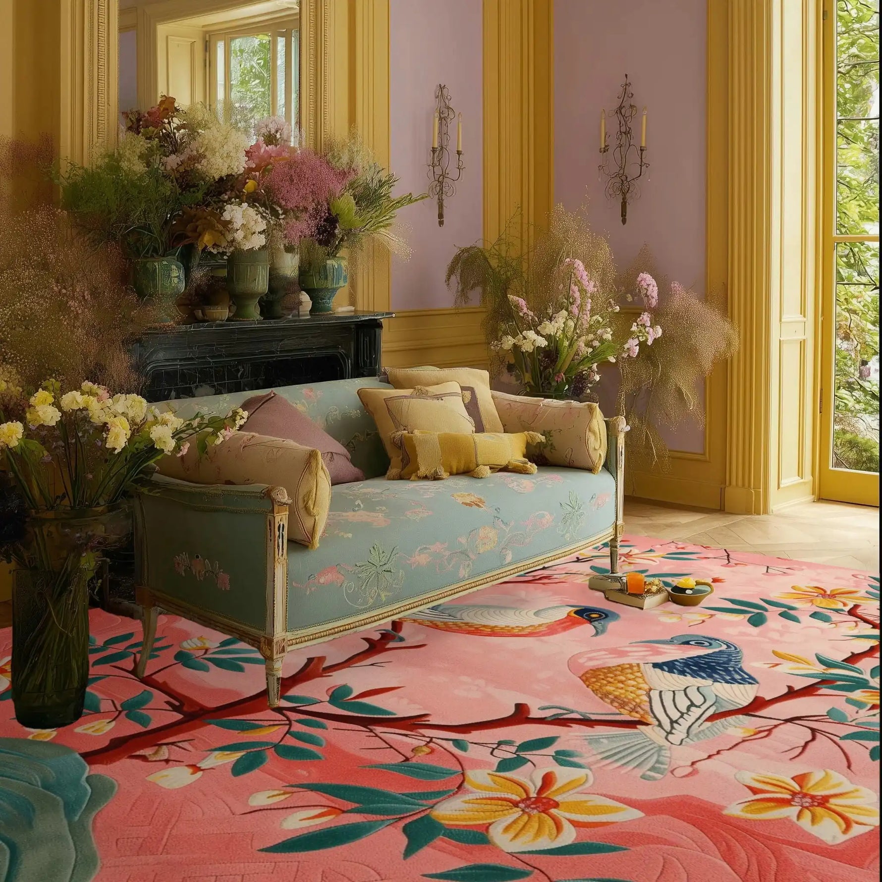 A vibrant and elegant Blushing Birds Garden Hand Tufted Area Rug adding charm to a beautifully decorated room. This wool rug features a colorful bird and floral design, perfect for enhancing the ambiance of an office or bedroom. Ideal for those seeking stylish rugs for office spaces or bedroom area rugs.