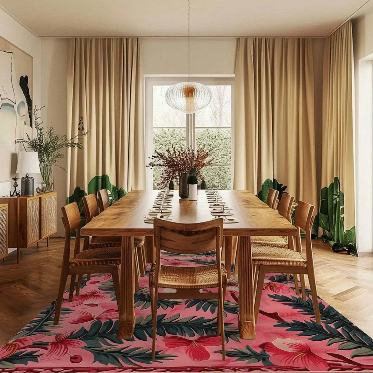 A beautifully styled dining room featuring the Blushing Garden Hand Tufted Area Rug. This wool rug with vibrant floral patterns in pink and green adds a touch of elegance, making it perfect for office spaces or as one of the standout area rugs for living room settings. The warm wooden dining table and chairs complement the lively design of the rug, creating a harmonious living room atmosphere.