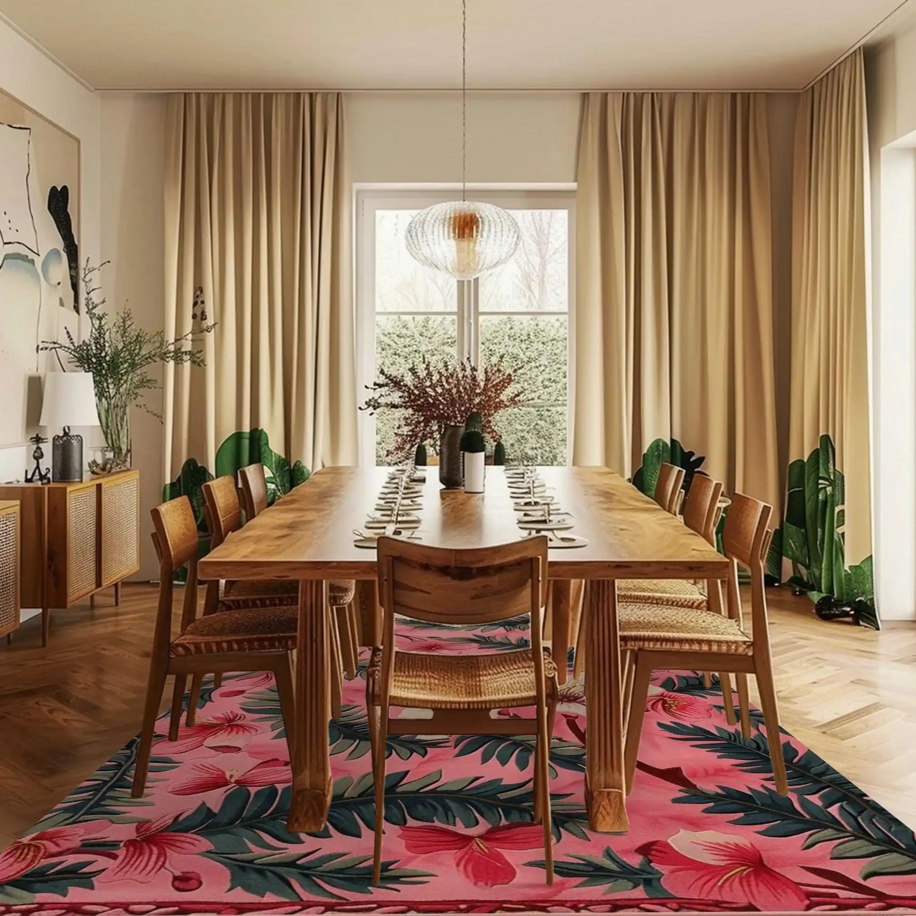 A beautifully styled dining room featuring the Blushing Garden Hand Tufted Area Rug. This wool rug with vibrant floral patterns in pink and green adds a touch of elegance, making it perfect for office spaces or as one of the standout area rugs for living room settings. The warm wooden dining table and chairs complement the lively design of the rug, creating a harmonious living room atmosphere.