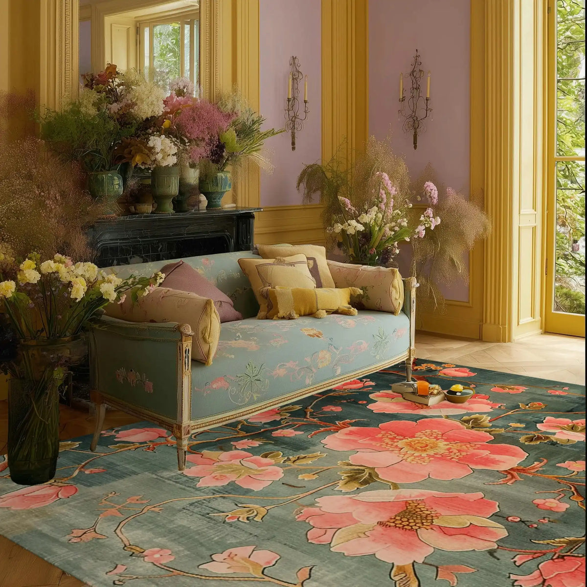 A beautifully styled living room featuring the Blushing Sakura Hand Tufted Area Rug with vibrant floral patterns. This wool rug adds elegance and warmth, making it a perfect choice for area rugs in the living room. The cozy setting includes a vintage sofa with floral cushions and a lush display of flowers in the background.