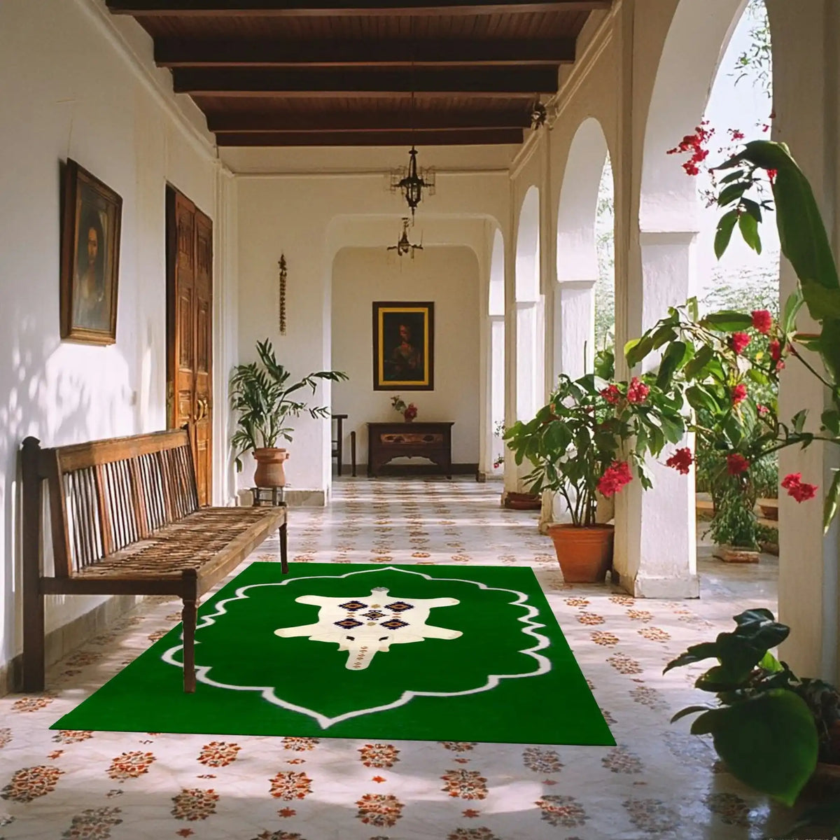 A beautifully styled hallway featuring a Bohemian White Elephant Royal Hand Tufted Wool Rug in Green. This elegant area rug adds a touch of sophistication and warmth to the living space. Perfect for living room settings, the rug showcases intricate designs and vibrant colors, making it an ideal choice for those seeking stylish living room area rugs or wool rugs.