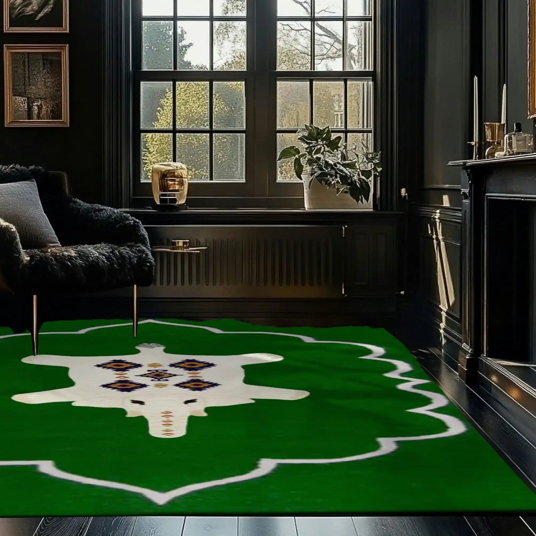 A stylish living room featuring the Bohemian White Elephant Royal Hand Tufted Wool Rug in green, adding a touch of elegance and warmth. This area rug beautifully complements the dark furnishings and natural light from the large window, making it an ideal choice for living room area rugs.