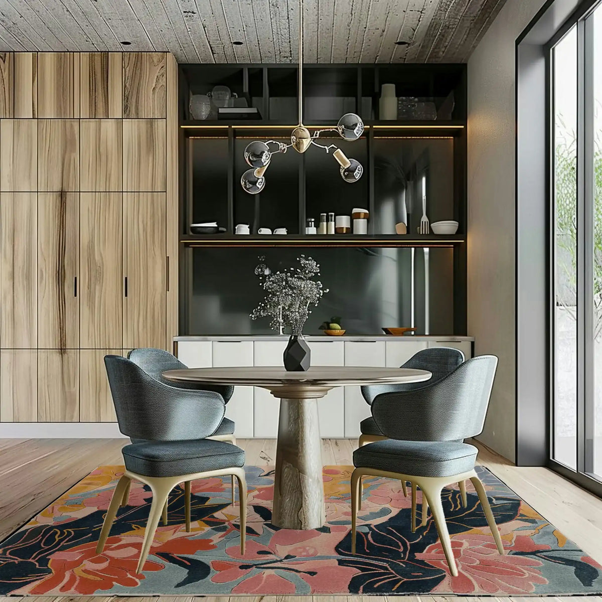 A cozy living room featuring a Botanical Bliss Hand Tufted Area Rug. The floral rug adds a vibrant touch with its intricate botanical patterns, perfect for rugs for living room. This wool rug enhances the space with its warm, inviting colors, ideal for area rugs for living room aesthetics.