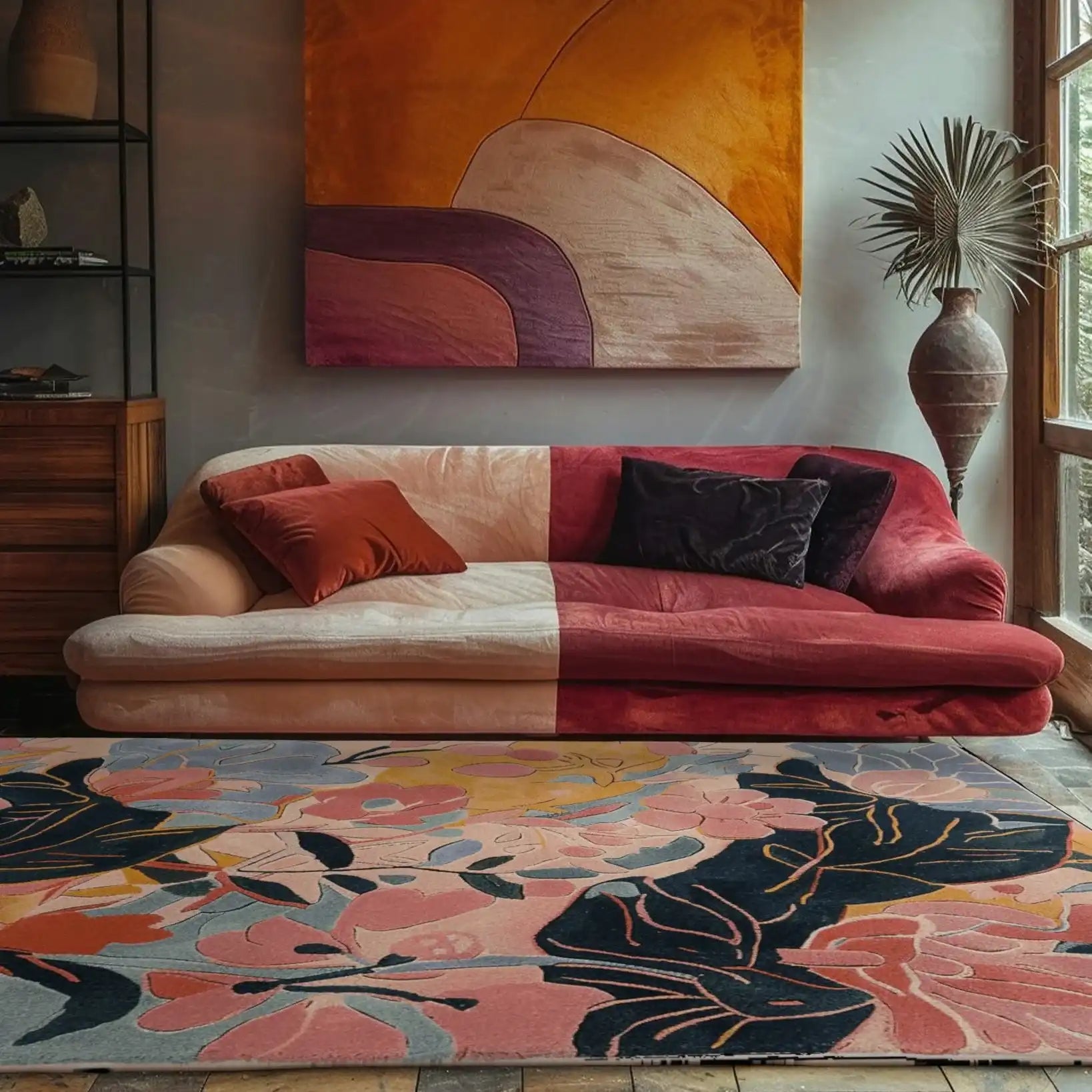 A vibrant living room featuring a Botanical Bliss Hand Tufted Area Rug with a stunning floral design. The rug's rich colors complement the modern decor, making it an ideal choice for rugs for living rooms. This wool rug adds warmth and elegance to any space, perfect for those seeking beautiful area rugs for living room settings.