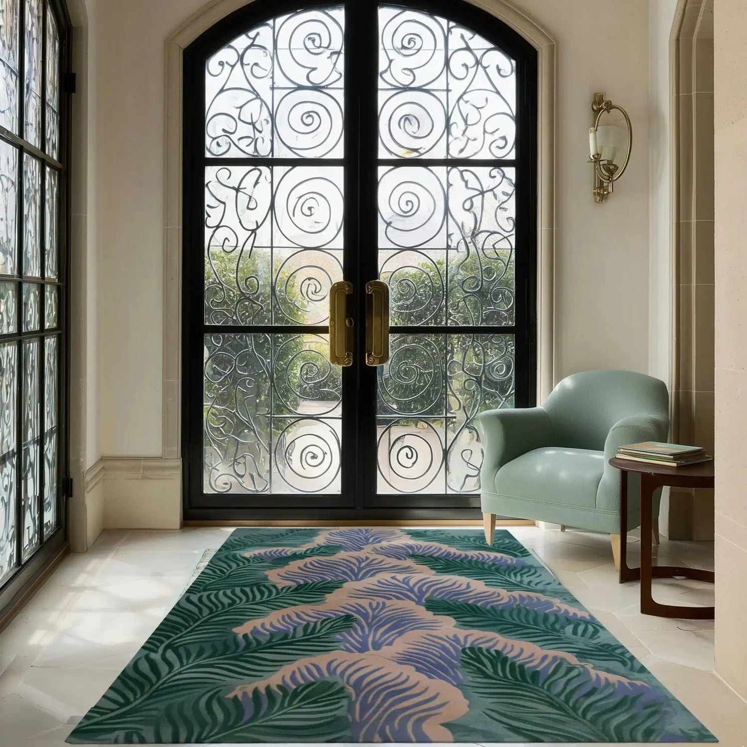 This stylish area rug features a botanical design in rich greens and blues, perfect for large living rooms. The hand-tufted wool rug adds elegance to any space, complementing the sophisticated decor with a touch of nature. Ideal for those seeking large area rugs or living room rugs 8x10, this piece enhances the ambiance of your living room effortlessly.