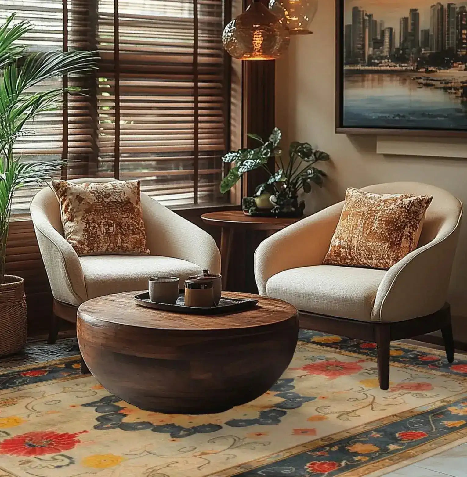Elegant living room featuring a Botanical Grace Wool Hand Knotted Area Rug with a vintage floral design. This large 8x10 Persian-style rug adds a touch of sophistication to the space, complementing the cozy armchairs and round wooden coffee table.