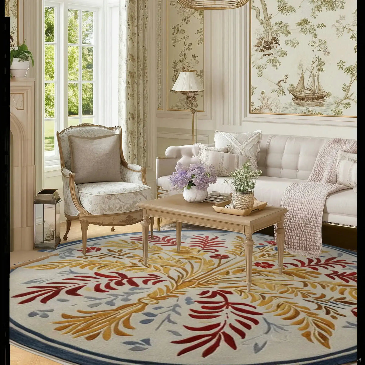 A beautifully decorated living room featuring a Botanical Radiance Round Hand Tufted Wool Rug. This elegant area rug, perfect for large living rooms, showcases a vibrant design with red and yellow botanical patterns. The round wool rug complements the classic decor, with a light-colored sofa, armchair, and coffee table enhancing the sophisticated ambiance.