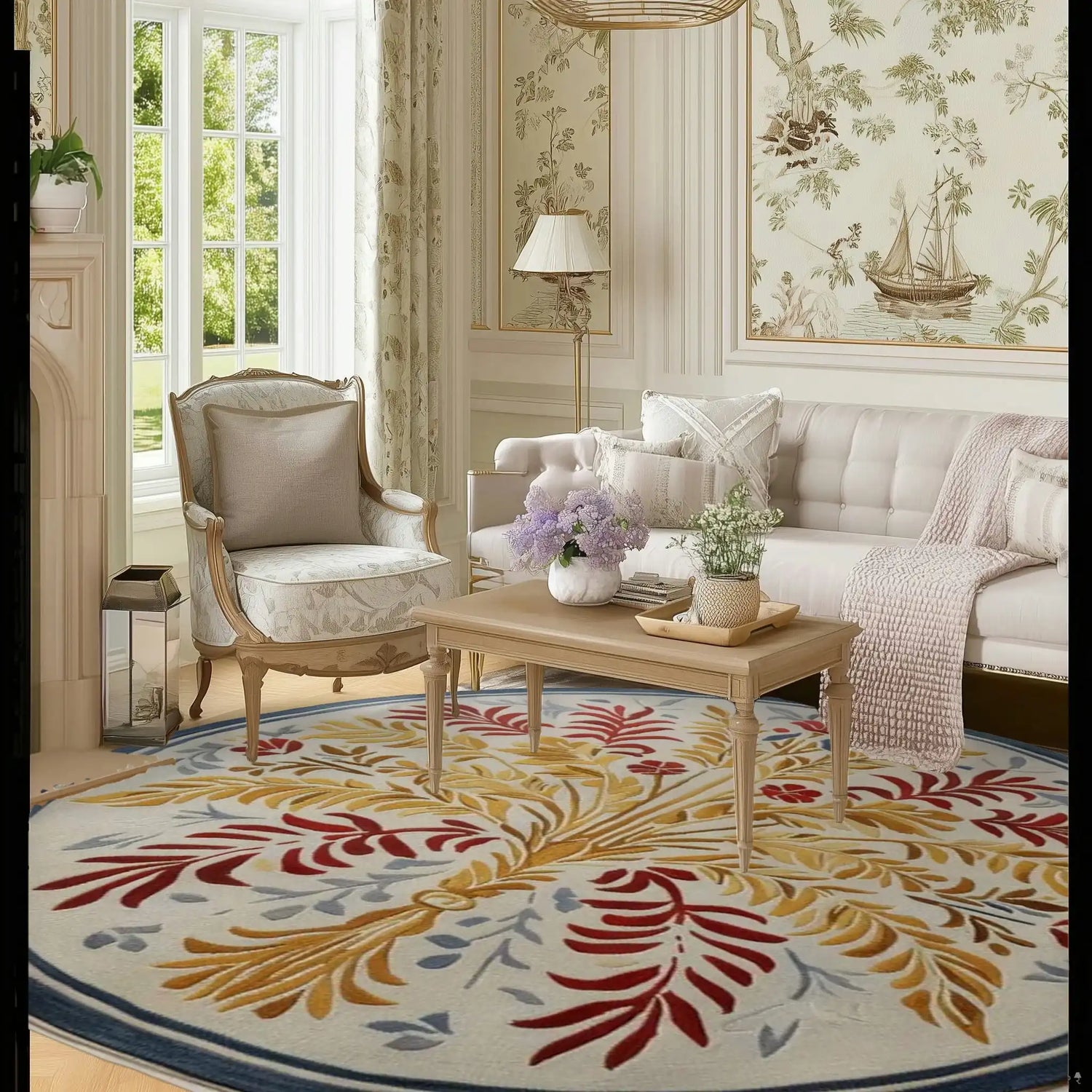 A beautifully decorated living room featuring a Botanical Radiance Round Hand Tufted Wool Rug. This elegant area rug, perfect for large living rooms, showcases a vibrant design with red and yellow botanical patterns. The round wool rug complements the classic decor, with a light-colored sofa, armchair, and coffee table enhancing the sophisticated ambiance.