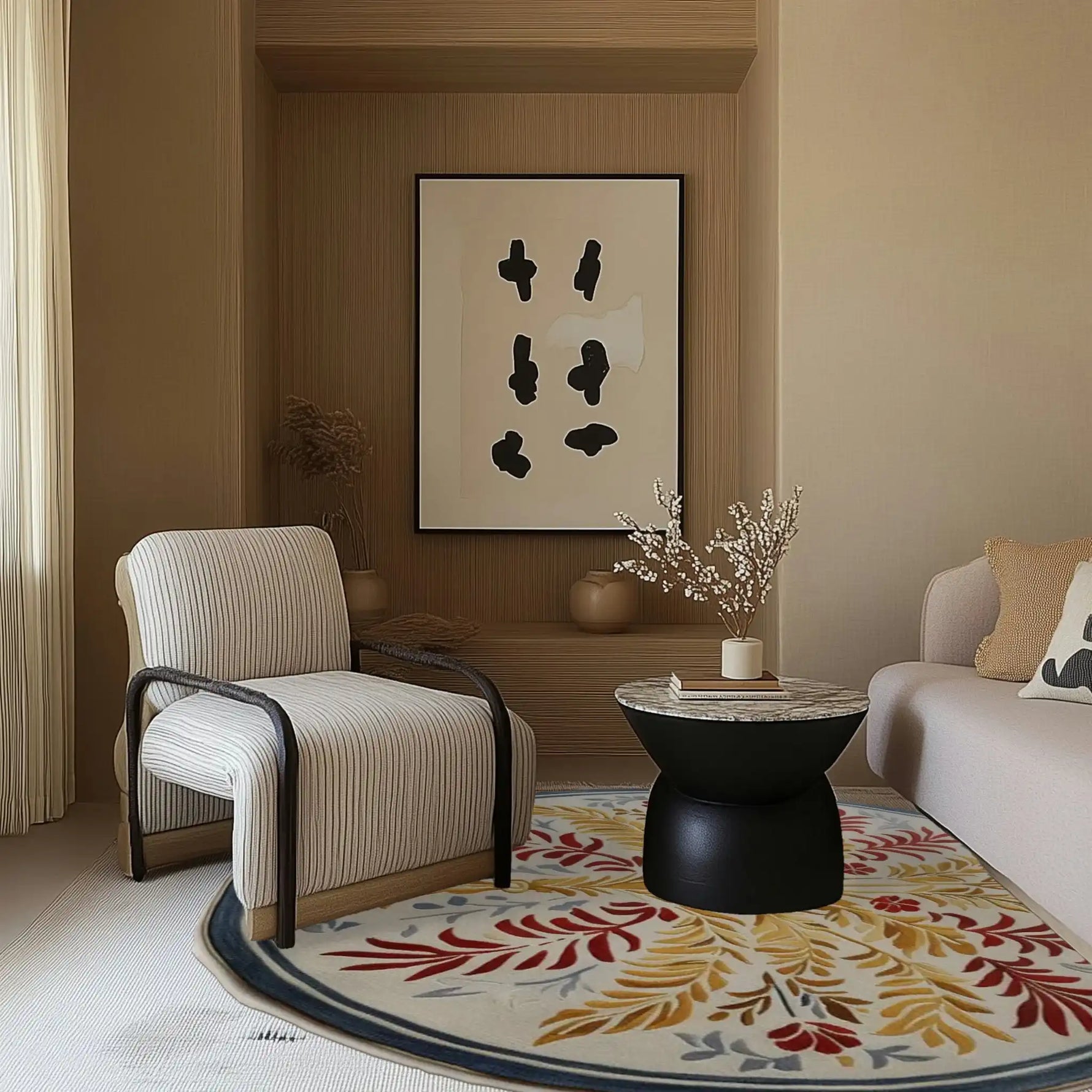 A stylish living room featuring a Botanical Radiance Round Hand Tufted Wool Rug, perfect for large living room spaces. This elegant area rug showcases a vibrant floral pattern in shades of red and yellow, adding warmth and charm to the decor. The wool rug complements the neutral tones of the room, which includes a plush armchair, a modern black coffee table, and contemporary wall art.