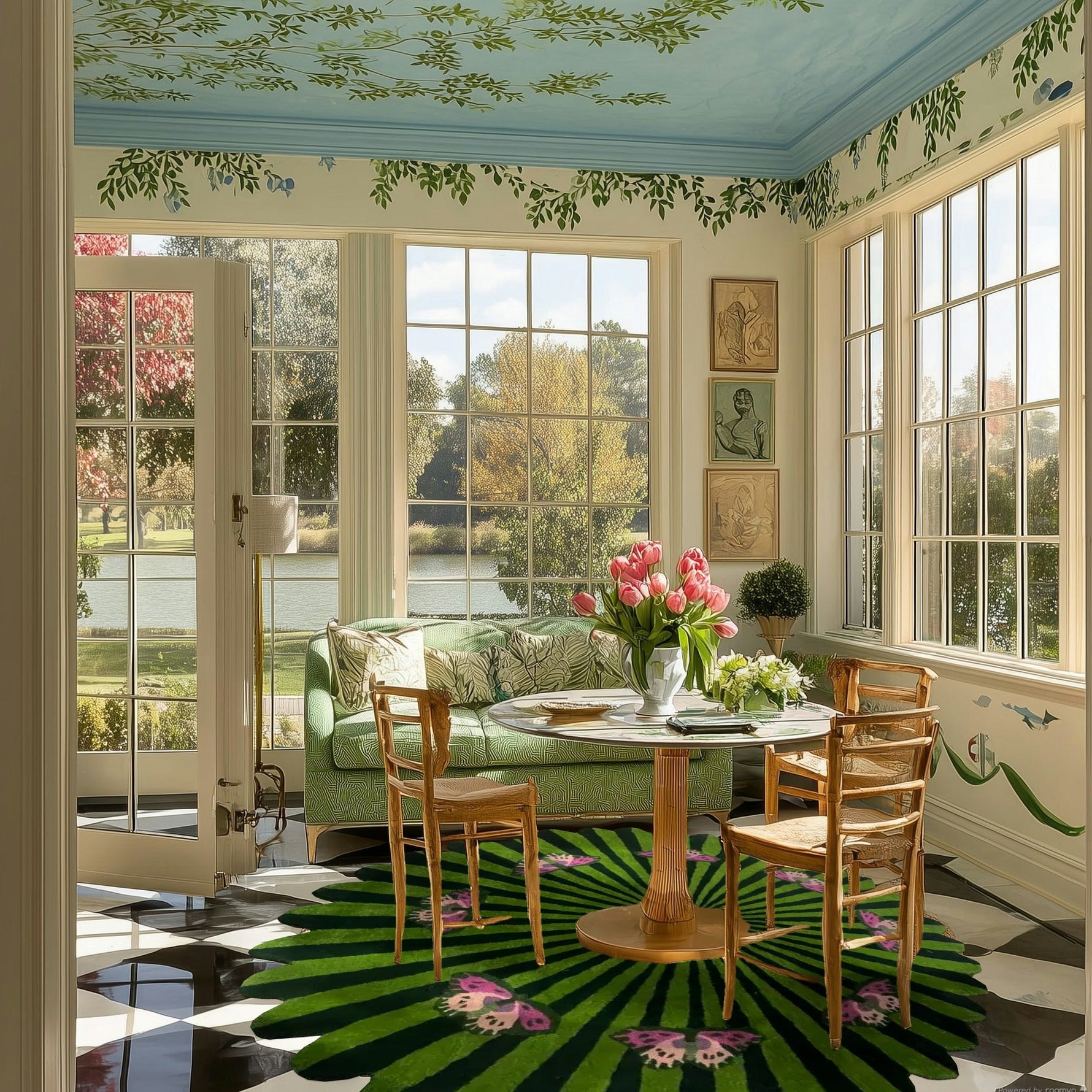 Butterflies over Flower Hand Tufted Wool Rug - Green