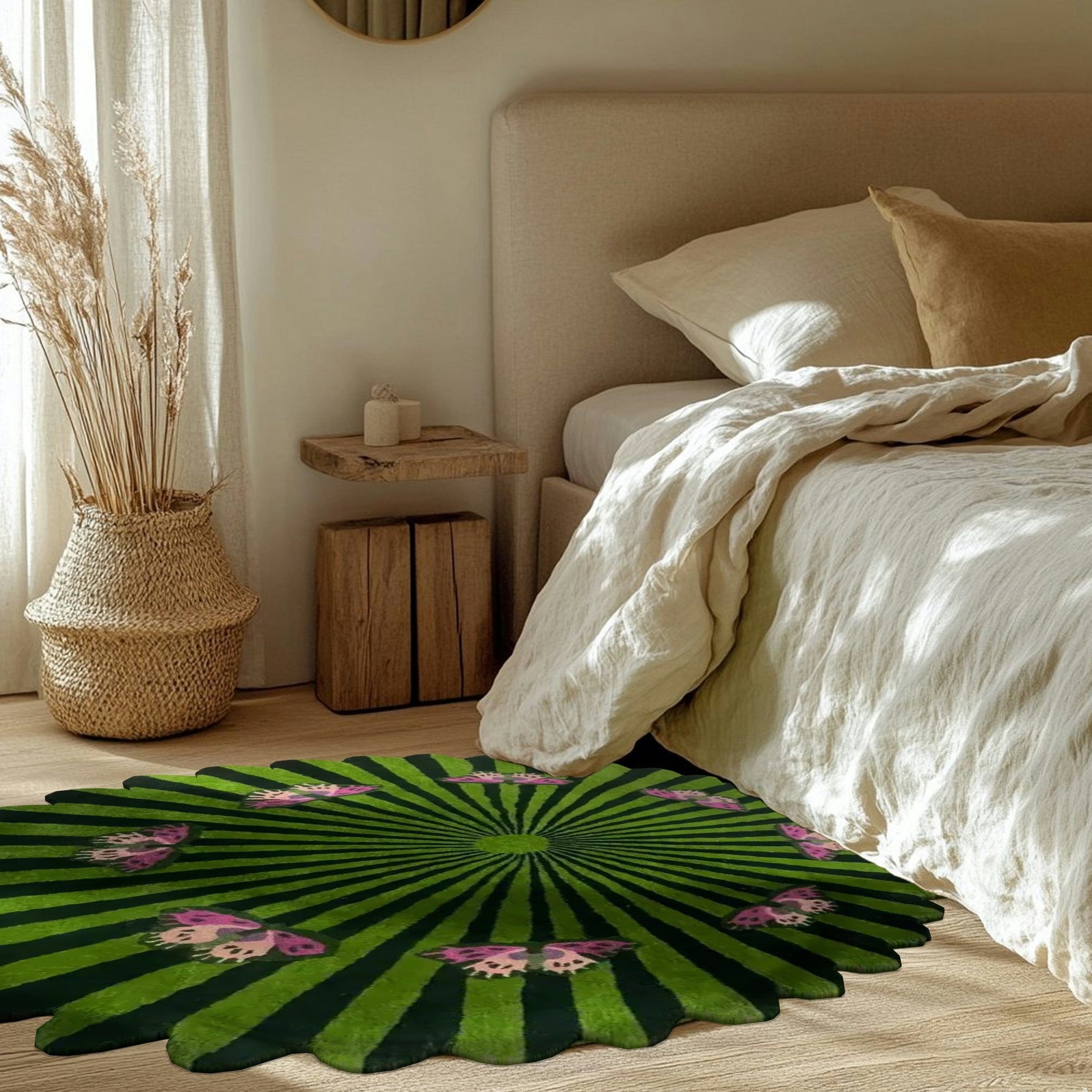 Butterflies over Flower Hand Tufted Wool Rug - Green