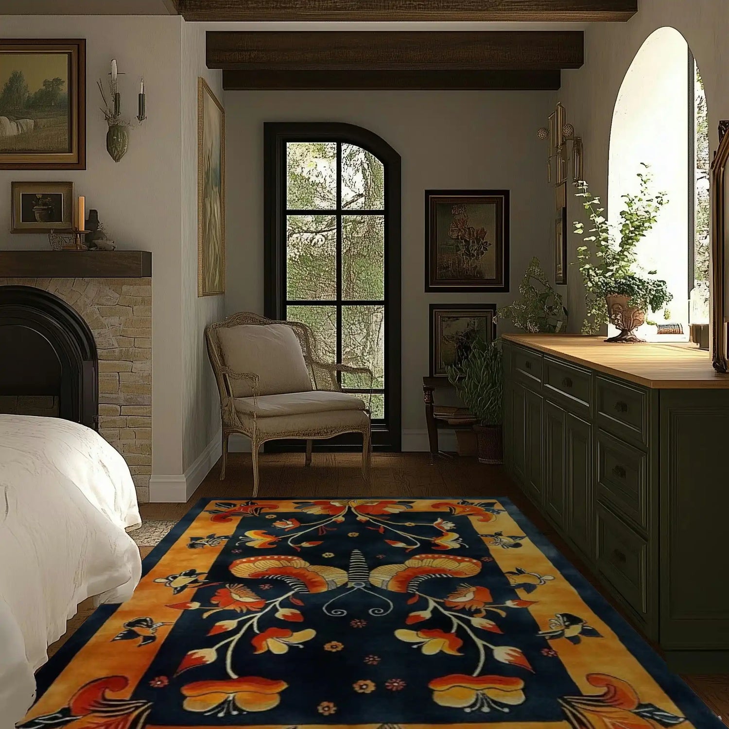 Elegant Butterfly Blossom tufted wool rug in a cozy bedroom setting, featuring a vibrant floral design. Ideal area rug for both living room and bedroom spaces, enhancing the warmth and style of your home.