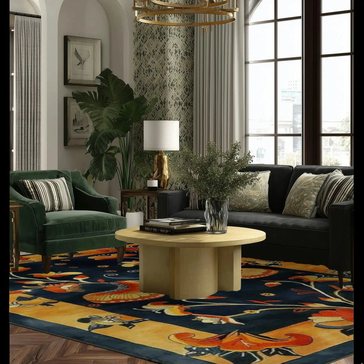 A cozy living room featuring the Butterfly Blossom Elegance Tufted Wool Rug. This area rug, perfect for both bedrooms and living rooms, showcases vibrant colors and intricate designs that add a touch of elegance. The plush wool rug complements the green velvet chair and dark sofa, creating a warm and inviting atmosphere.