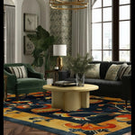 A cozy living room featuring the Butterfly Blossom Elegance Tufted Wool Rug. This area rug, perfect for both bedrooms and living rooms, showcases vibrant colors and intricate designs that add a touch of elegance. The plush wool rug complements the green velvet chair and dark sofa, creating a warm and inviting atmosphere.