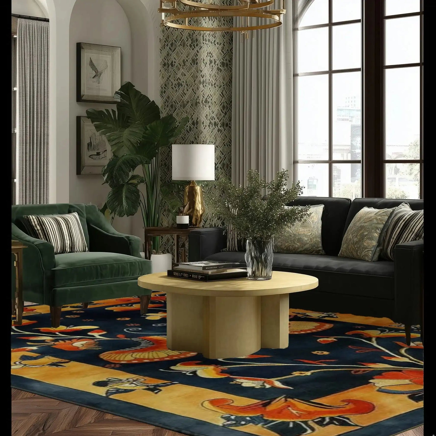 A cozy living room featuring the Butterfly Blossom Elegance Tufted Wool Rug. This area rug, perfect for both bedrooms and living rooms, showcases vibrant colors and intricate designs that add a touch of elegance. The plush wool rug complements the green velvet chair and dark sofa, creating a warm and inviting atmosphere.