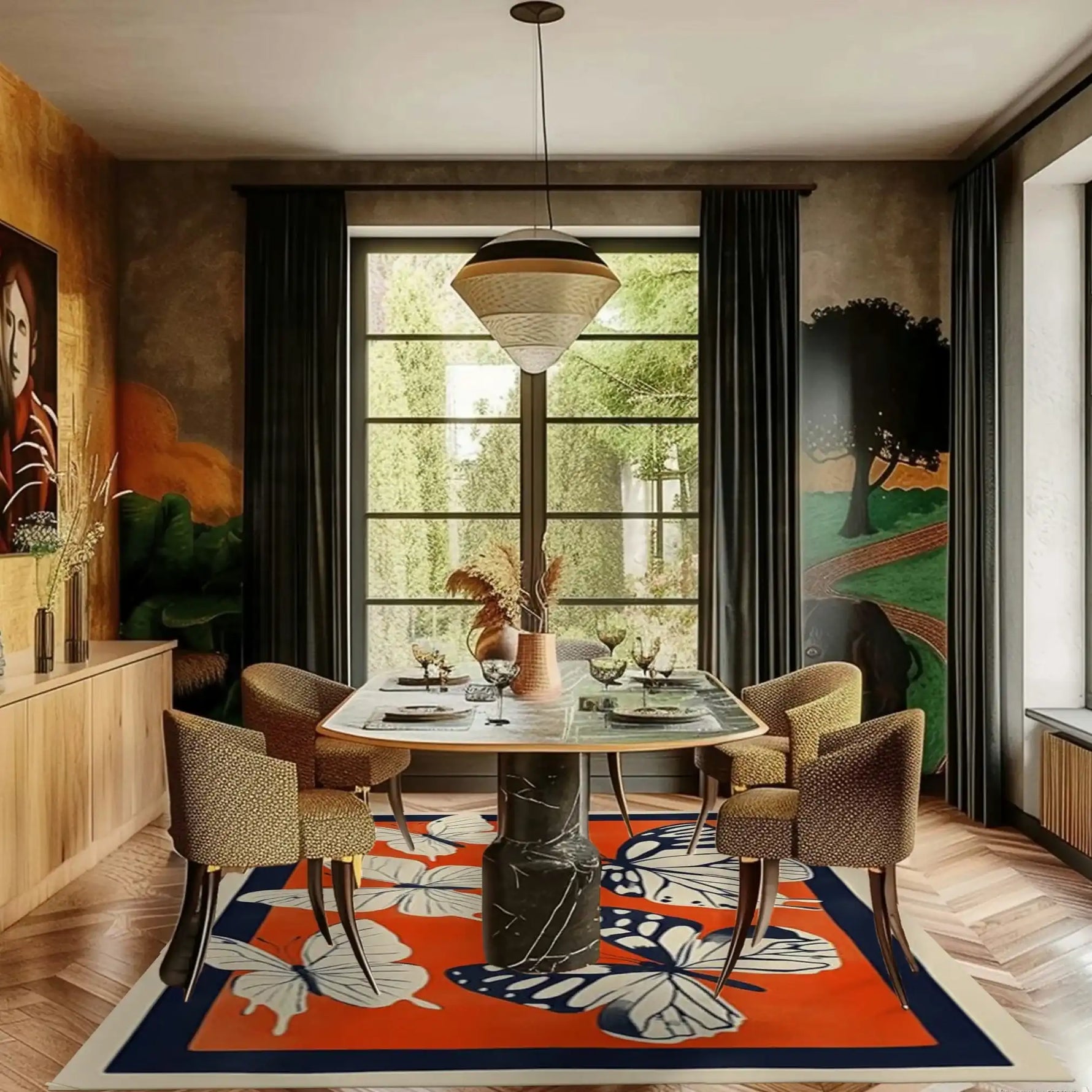 A stylish living room featuring the Butterfly Meadow Hand Tufted Area Rug. The vibrant wool rug showcases a beautiful butterfly design, adding an artistic touch to the space. Perfect for both living rooms and office settings, the rug complements the elegant furniture and large window view.