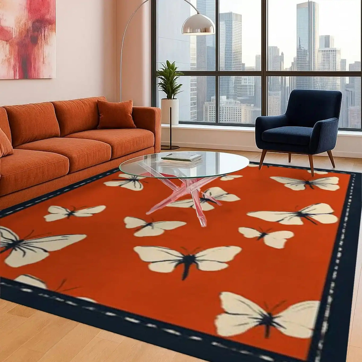 Stylish living room featuring the Butterfly Serenade Hand Tufted Area Rug in an 8x10 size. This vibrant wool rug showcases an elegant butterfly pattern, adding a touch of nature-inspired charm to the space. Perfect for enhancing modern living room decor.