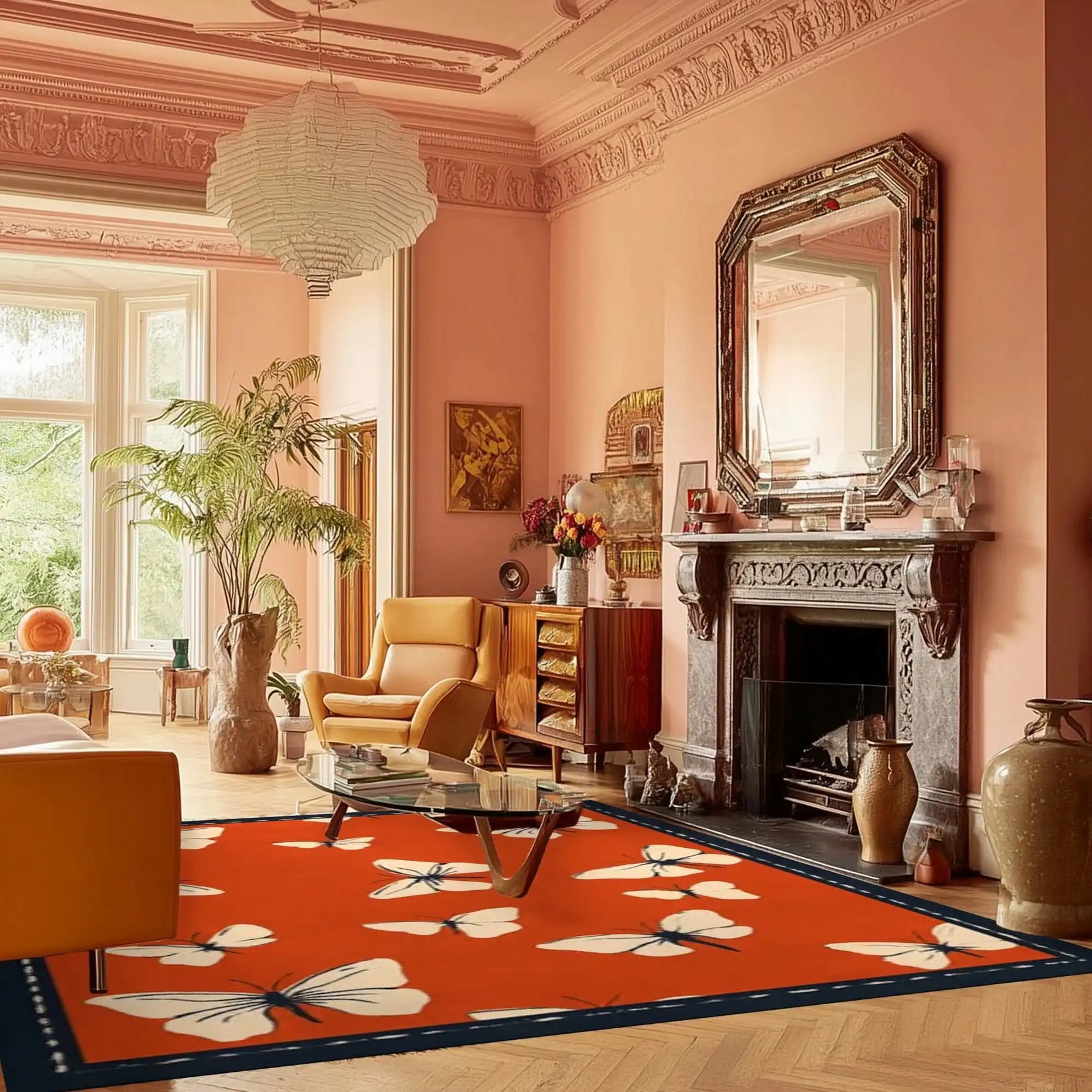 A beautifully decorated living room featuring the Butterfly Serenade Hand Tufted Area Rug. The wool rug, sized 8x10, showcases an elegant butterfly pattern on a vibrant orange background, adding a touch of sophistication to the classic interior. Perfect for living room decor.
