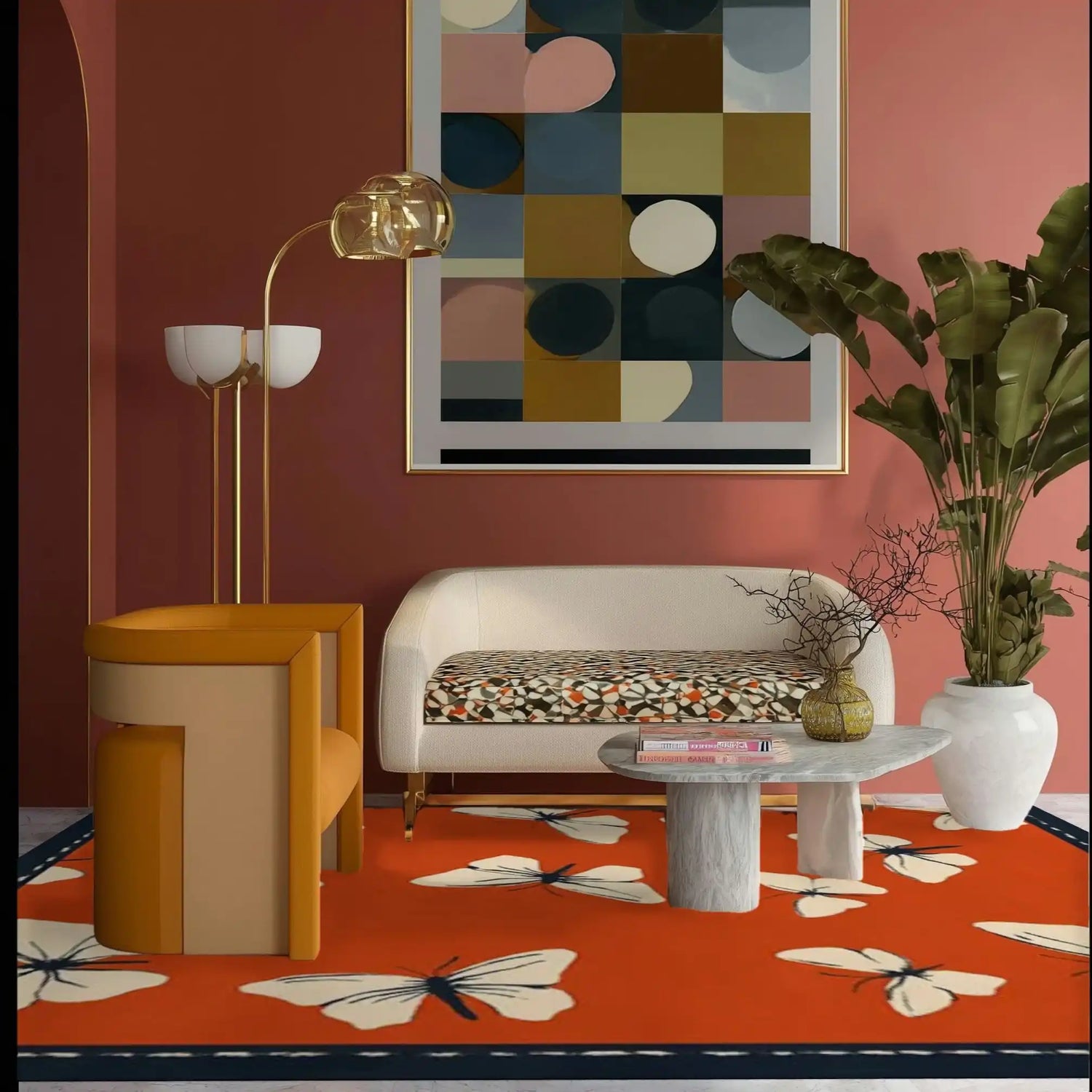 Stylish living room featuring a vibrant Butterfly Serenade hand-tufted area rug in an 8x10 size. The wool rug displays elegant butterfly motifs, enhancing the modern decor with a cozy touch. Perfectly complements the contemporary furniture and abstract wall art.