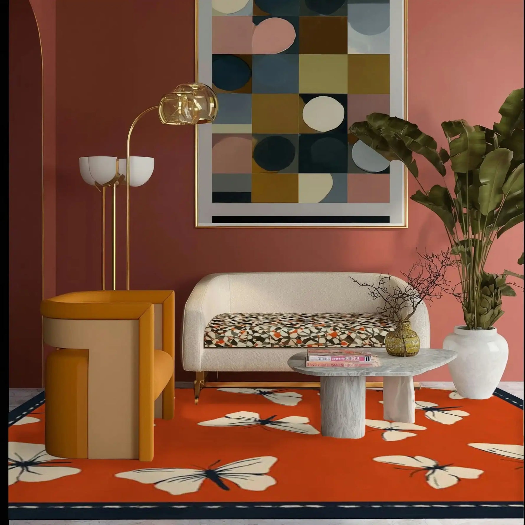 Stylish living room featuring a vibrant Butterfly Serenade hand-tufted area rug in an 8x10 size. The wool rug displays elegant butterfly motifs, enhancing the modern decor with a cozy touch. Perfectly complements the contemporary furniture and abstract wall art.