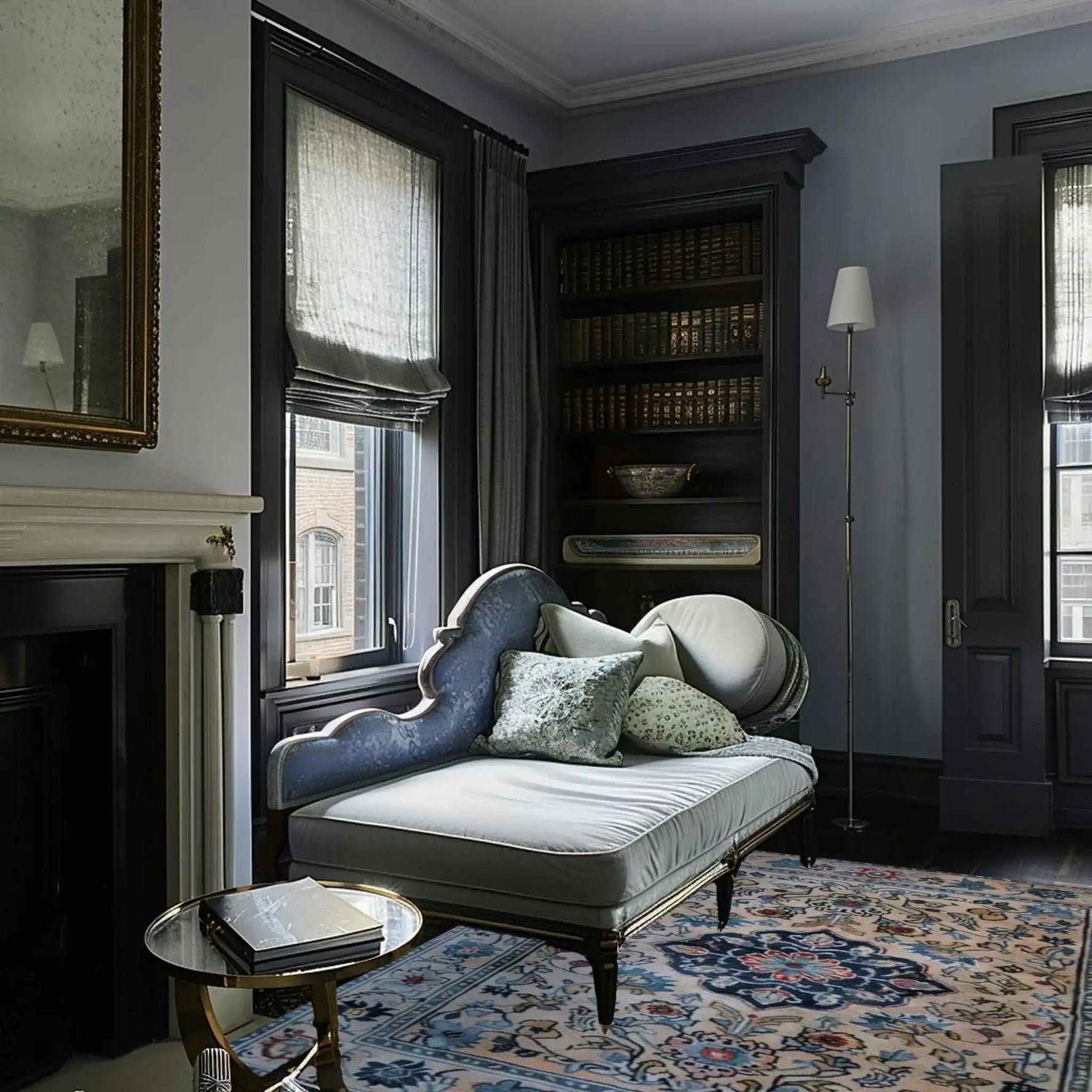 Decorative living room with a chaise lounge, bookshelf, persian rug, and fireplace.