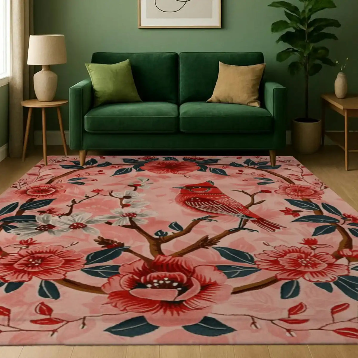 A vibrant Cardinal Charm Hand Tufted Area Rug featuring a striking floral design with red and white blossoms and a cardinal bird perched on branches. This wool rug adds a touch of elegance to the living room, complementing the green sofa and minimalist decor, perfect for large living room spaces.