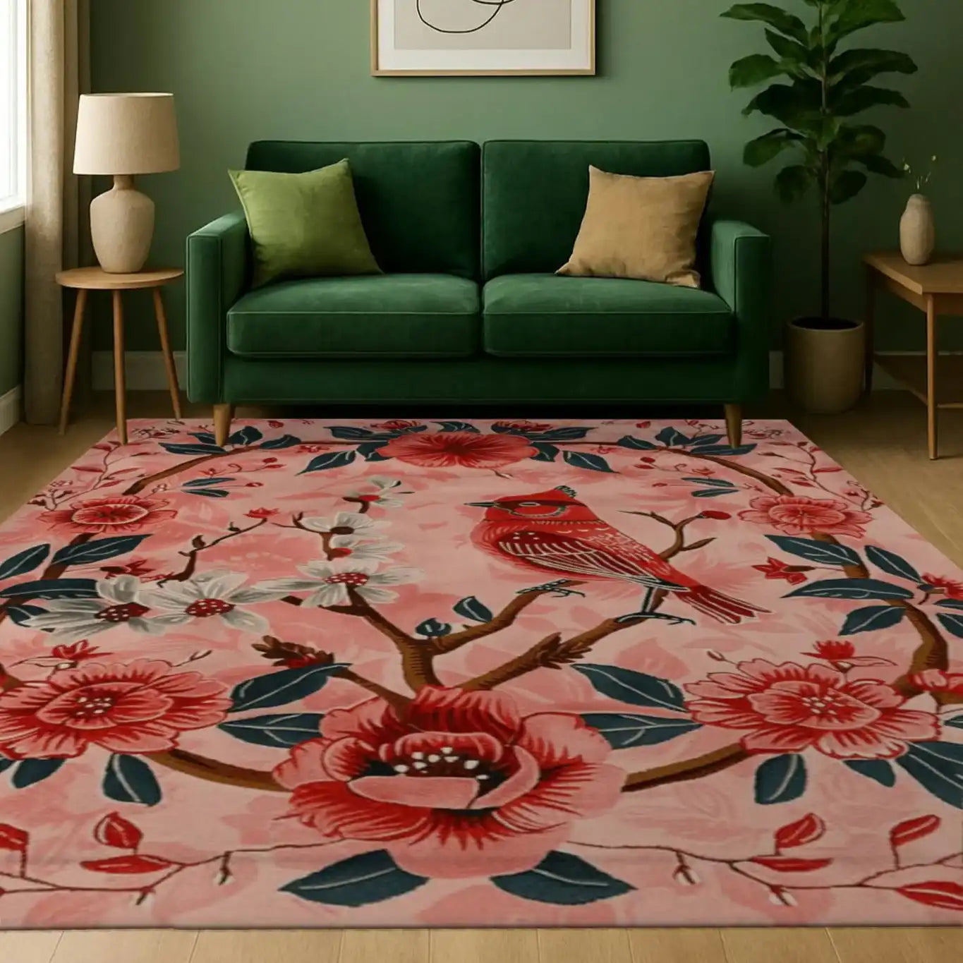 A vibrant Cardinal Charm Hand Tufted Area Rug featuring a striking floral design with red and white blossoms and a cardinal bird perched on branches. This wool rug adds a touch of elegance to the living room, complementing the green sofa and minimalist decor, perfect for large living room spaces.