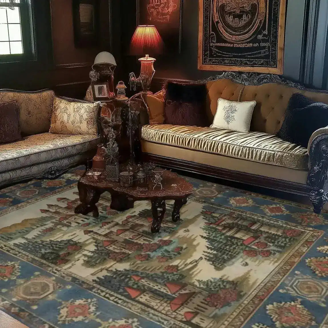 This elegant Castle Country Wool Hand Knotted Area Rug adds a vintage charm to the living room. The 8x10 rug features an intricate design with castle and floral patterns, perfectly complementing the classic furniture and warm lighting.