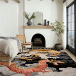 A beautifully designed Celestial Dragon Chorus hand tufted area rug placed in a stylish living room. The large wool rug features intricate dragon patterns in vibrant colors, perfect for adding a touch of elegance to any living or dining room space.