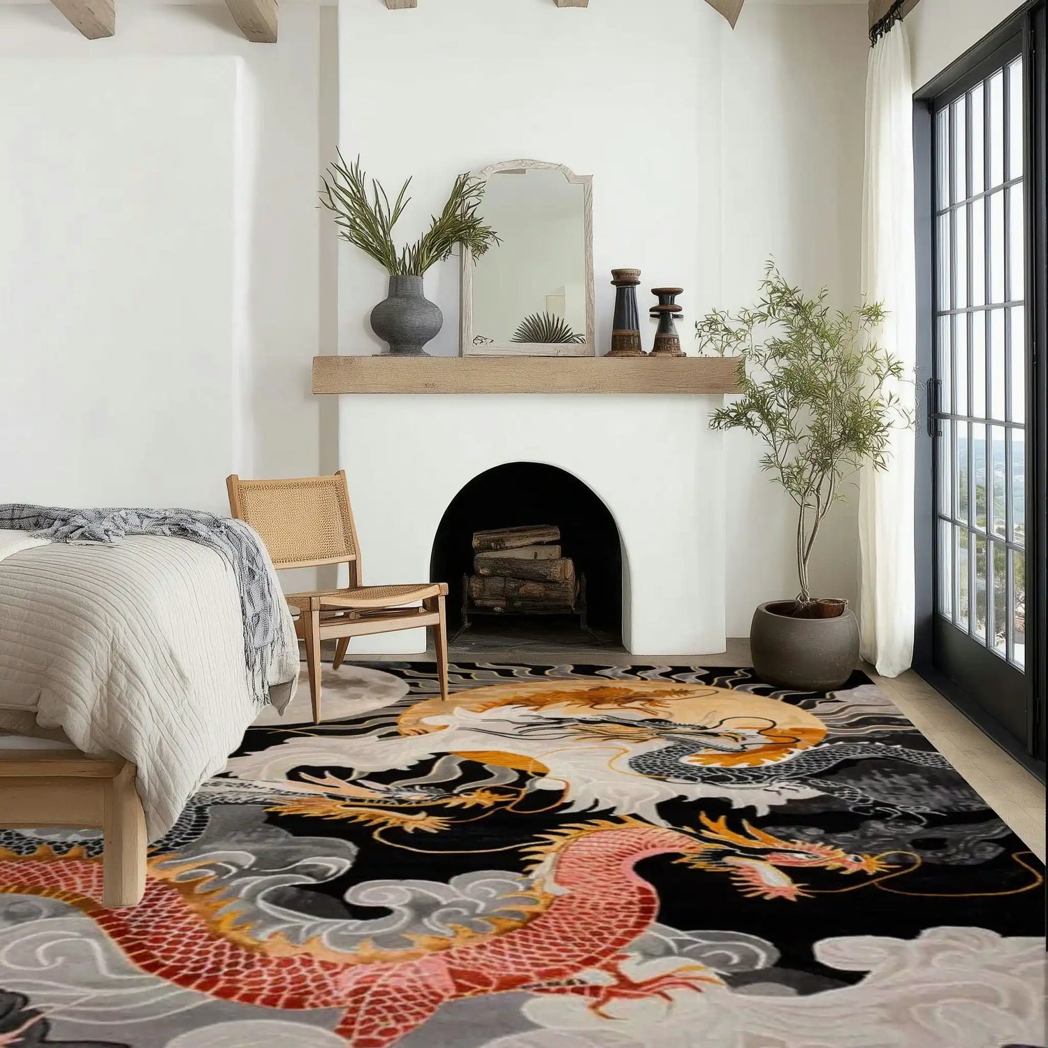 A beautifully designed Celestial Dragon Chorus hand tufted area rug placed in a stylish living room. The large wool rug features intricate dragon patterns in vibrant colors, perfect for adding a touch of elegance to any living or dining room space.