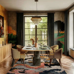 A stylish dining room featuring a Celestial Dragon Chorus Hand Tufted Area Rug, perfect for large living room rugs or dining room decor. The wool rug adds vibrant colors and intricate patterns under a chic dining table, enhancing the elegance of the living room space.