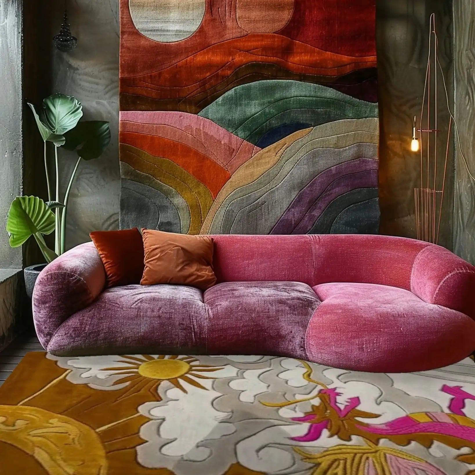 A vibrant living room featuring a Celestial Dragon Flight hand-tufted area rug, with colorful abstract designs. The rug enhances the cozy ambiance of the space, complemented by a plush pink sofa and colorful wall art. Perfect for adding artistic flair to your living room or bedroom.