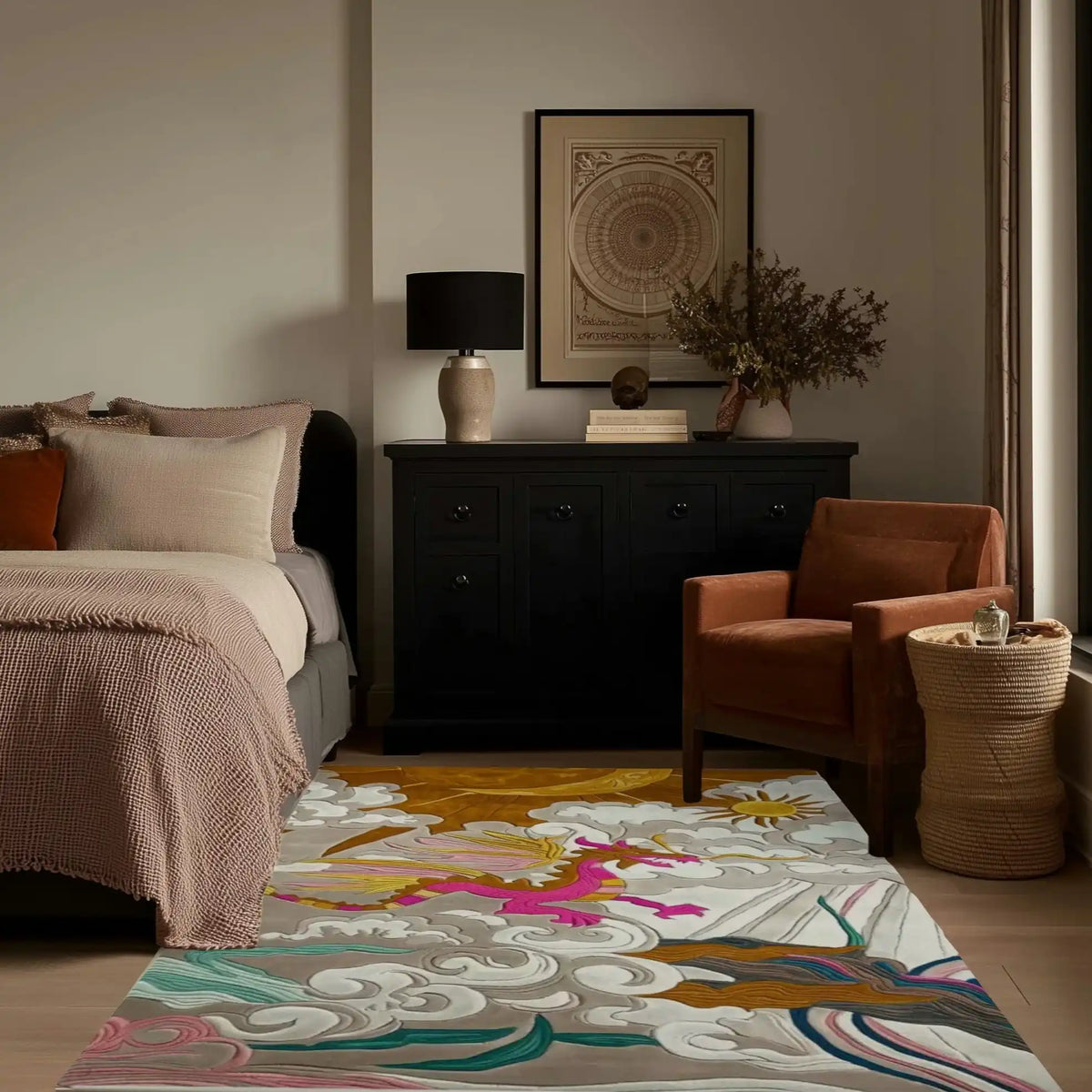 A beautifully designed area rug featuring a celestial dragon motif, placed in a cozy bedroom setting. The hand-tufted wool rug adds an artistic flair to the living room or bedroom with its vibrant colors and intricate patterns, complementing the neutral tones of the surrounding decor.