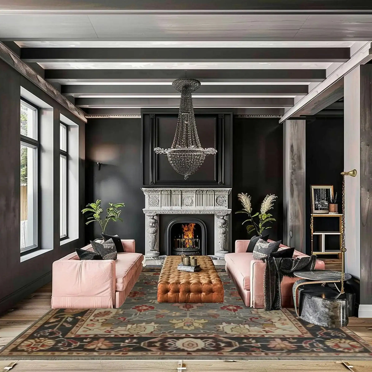 Luxurious living room with pink sofas, gray floral persian rug, a fireplace, and decorative elements.