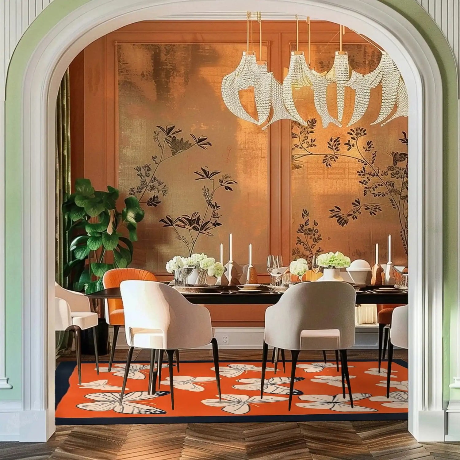 This luxurious living room features a vibrant 'Chasing Butterflies' hand-tufted area rug, perfect for adding a pop of color and style. The wool rug, with its intricate butterfly design, complements the elegant dining setup, making it an ideal choice for living room area rugs. The room's sophisticated decor, with a stylish chandelier and floral wall accents, enhances the inviting ambiance.