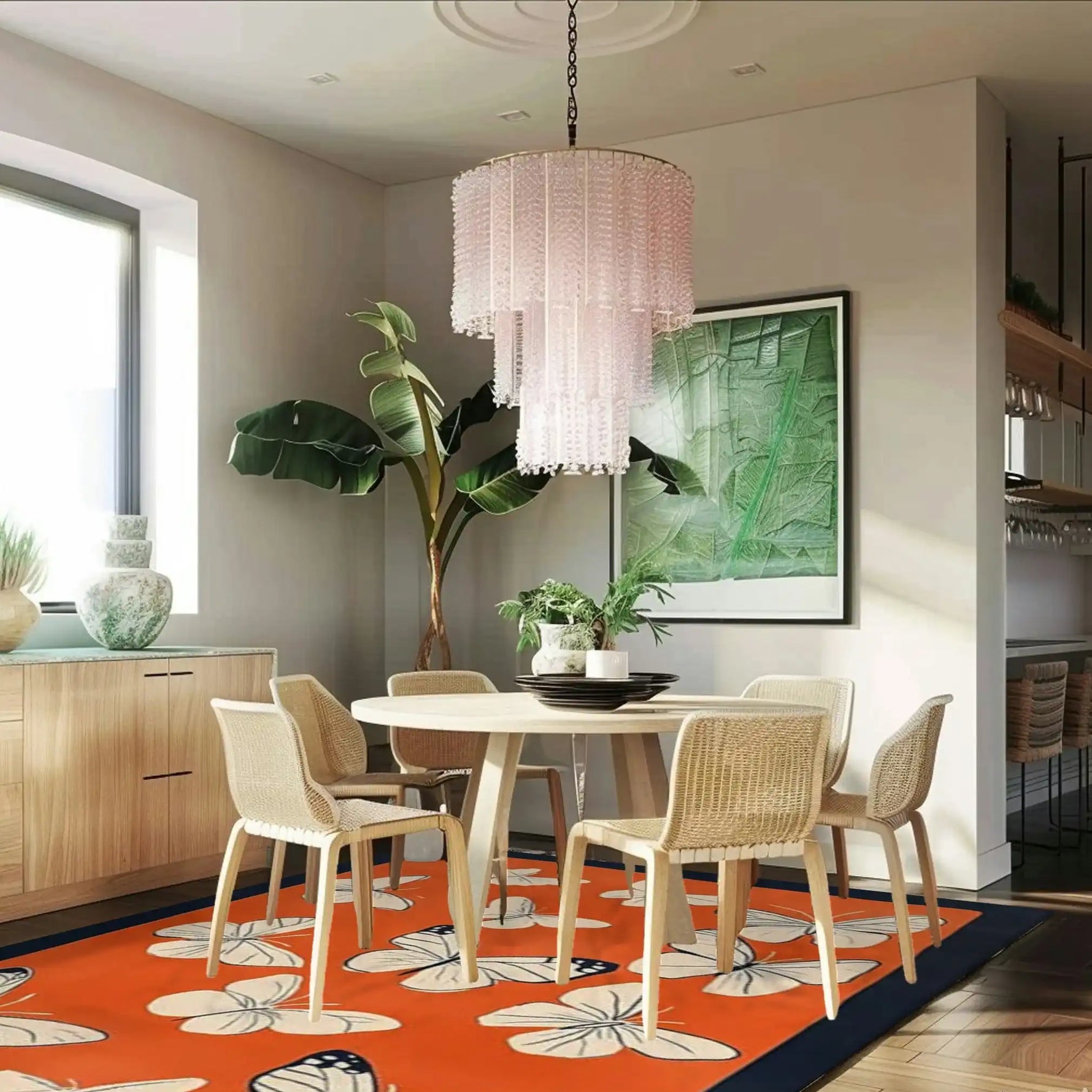 A stylish living room featuring the Chasing Butterflies Hand Tufted Area Rug. This vibrant wool rug adds a pop of color with its bold floral design, creating a cozy and inviting atmosphere. Ideal for those seeking living room area rugs that combine elegance with comfort.